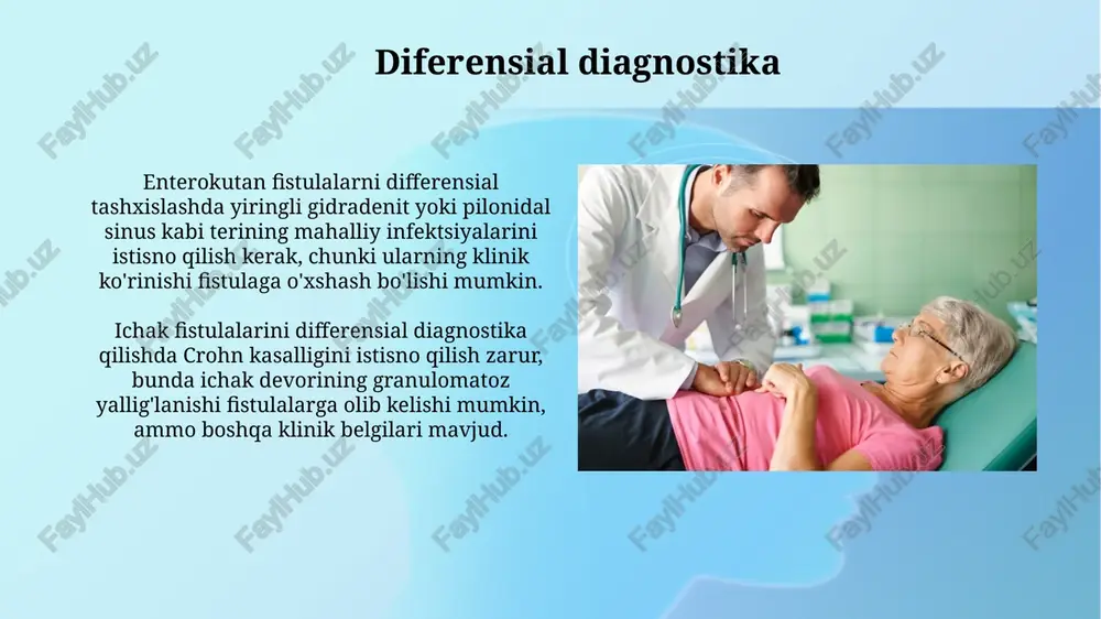 ekshiruvlari fistuladan olingan namunaning mikrobiologik tekshiruvi polimikrobial florani aniqlashi mumkin, odatda ichak bakteriyalari (e. coli, bacteroides) aralashmasi. zardobdagi albumin darajasi (odatda 3,5 g/dl dan past) va prealbumin darajasi malnutritsiyani baholashga yordam beradi, chunki oqsil yo'qolishi fistuladan bo'lishi mumkin. klinik ko'rinish va belgilari fistulaning joylashuviga qarab, terida yiringli yoki najasli ajralmalar kuzatilishi mumkin, bu esa terining qizarishi va og'riqli bo'lishiga sabab bo'ladi. ichak fistulalarida qorin og'rig'i kuchli bo'lishi mumkin, ayniqsa yallig'lanish jarayoni kuchayganda, og'riq doimiy yoki xuruj shaklida bo'lishi ehtimoli yuqori. e'tiboringiz uchun rahmat image3.jpg image4.jpg image5.jpg image6.jpg image7.jpg image8.jpg image9.jpg image10.jpg image11.jpg image12.jpg image13.jpg image14.jpg image15.jpg image16.jpg image17.jpg image18.jpg image19.jpg image1.png