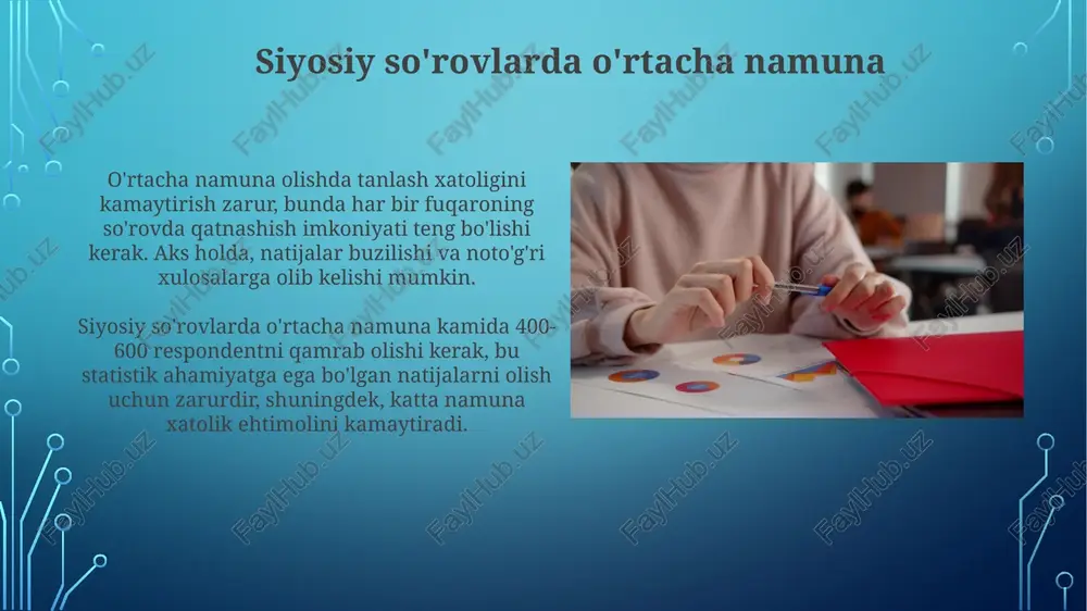 . tanlash biasini bartaraf etish tanlash biasini bartaraf etish uchun, tasodifiy tanlash usulidan foydalanish kerak, bu har bir a'zoning tanlanish imkoniyatini tenglashtiradi, natijalarni 95% ishonchli qiladi. o'z-o'zidan tanlash biasini bartaraf etishda, og'irliklash usulini qo'llash mumkin, bu kamroq taqdim etilgan guruhlarga ko'proq og'irlik beradi, natijalarni 10% gacha yaxshilaydi. e'tiboringiz uchun rahmat image4.jpg image5.jpg image6.jpg image7.jpg image8.jpg image9.jpg image10.jpg image11.jpg image12.jpg image13.jpg image14.jpg image15.jpg image16.jpg image17.jpg image18.jpg image19.jpg image20.jpg image1.png