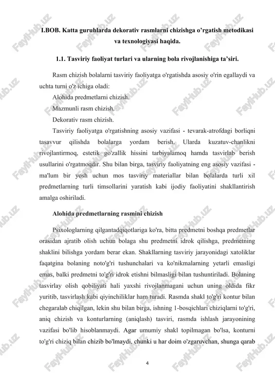 raz xarakterini o'zaro birlashtirib berishga o'rgatish. 4. bo'yoq, rangli qalam va boshqa materiallar bilan chizishda texnik ko'nikmalarni rivojlantirish. mazmunli rasm chizishning asosiy maqsadi bolaning atrof-muhitdan olgan taassurotlarini ifodalashga o'rgatishdir. mazmunli rasm - bu bir necha mazmunning ma'lum rangda tasvirlanishi. bolalar qaysi mazmun bo'yicha rasm chizadilar? bolalar kichik hikoya, ertak asosida va bolalarni o'rab turgan tevarak-atrofni, tabiatni chizishga harakat qiladilar. masalan, «biz shanbalikda» va «kech kuz» rasmlari bunga misol bo'la oladi. bolalar bilan olib boriladigan bunday mashg'ulotlar ularning har tomonlama kamol topishiga yordam beradi. bunda bolalarning aqliy qobiliyati rivojlanadi. bu jarayon asta-sekinlik bilan ro'y beradi, shuning uchun mazmunli rasm chizish o'rta guruhdan boshlab kiritilgan. bunda ham yonma-yon turgan 2-3 ta predmetning tasviri o'rgatiladi. mazmunli tasvirda predmetlarning bir-biridan ajratish uchun uning o'lchamini, fazodagi o'rinlariga qarab, predmetlarning katta yoki kichikligini o'rgatish kerak. maktabgacha yoshdagi bola uchun predmetlar orasidagi fazoviy munosabatlarni farqlay olish juda qiyin. mazmunli rasm chizishni, bog'chada o'rgatishning umumiy vazifalari quyidagjjar: mavzuning …