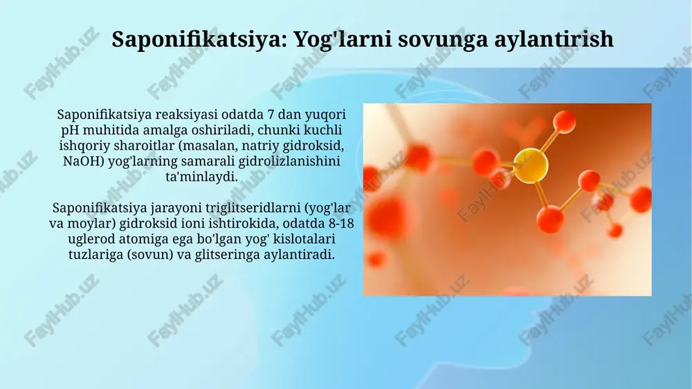 ester bog'larini ko'rsatadigan 1740 sm⁻¹ da karbonil cho'zilishi mavjud. kristallanish kristallanish - bu tozalash usuli bo'lib, u aralashmadan maqsaddagi moddani eruvchanlikdagi farqlardan foydalangan holda ajratib olish uchun erituvchi ichida eritib, keyin kristall hosil qiladi. optimal kristallanish uchun harorat nazorati muhim, chunki yuqori haroratda ko'proq aralashmalar erishi mumkin, past haroratda esa maqsadli mahsulotning eruvchanligi kamayib, hosildorlik kamayadi. yuqori samarali suyuqlik xromatografiyasi (hplc) hplc lipidlarni ajratishda aniqlik va aniqlikni ta'minlaydi, chunki detektorlar, masalan, evaporativ yorug'lik tarqatish detektori (elsd), lipid fraktsiyalarining miqdorini aniqlash uchun ishlatilishi mumkin. yuqori samarali suyuqlik xromatografiyasi (hplc) turli xil lipid sinflarini ajratish uchun keng qo'llaniladi, bu erda harakatlanuvchi faza va statsionar faza lipidlarning qutbliligiga asoslangan ajratishni ta'minlaydi. xromatografiya usullari yuqori samarali suyuqlik xromatografiyasi (hplc) lipidlarni aniqlik bilan ajratib, 2 dan 50 mikrometrgacha boʻlgan oʻlchamdagi materiallardan foydalanadi, bu esa yaxshiroq ajratish imkonini beradi. gaz xromatografiyasi (gc) lipidlarni parchalaydi va har bir komponentning miqdorini aniqlaydi; 100°c dan 400°c gacha boʻlgan yuqori …