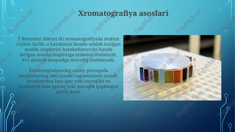 , molekulaning zaryadiga bogʻliq holda. har bir harakatsiz faza 10 dan 10000 gacha ion almashinuvchi guruhlarga ega boʻlib, bu har bir birikmaning tutib turilish kuchini ion almashinishi orqali farqlaydi. superkritik suyuqlik xromatografiyasi (sfc) superkritik suyuqlik xromatografiyasi (sfc) oddiy suyuqlik xromatografiyasiga nisbatan yuqori diffuziya koeffitsientiga ega, bu esa tezroq tahlil vaqtlarini ta'minlaydi. sfc ko'pincha harakatchan faza sifatida karbonat angidriddan (co2) foydalanadi, chunki uning kritik harorati past (31,1 °c) va eruvchanlikni sozlash oson. gaz xromatografiyasi (gc) gaz xromatografiyasi (gc) da harakatchan faza inert gaz bo'lib, odatda geliydan (he) foydalaniladi, lekin azot (n2) yoki argon (ar) ham o'ziga xos ajratish talablariga qarab ishlatilishi mumkin. gc ustunlari ikki turga bo'linadi: qadoqlangan ustunlar (diametri 2-4 mm) va kapillyar ustunlar (ichki diametri 0.1-0.53 mm). kapillyar ustunlar ko'proq samarali ajratishni ta'minlaydi, lekin qadoqlangan ustunlar katta hajmdagi namunalar uchun mos keladi. e'tiboringiz uchun rahmat image4.jpg image5.jpg image6.jpg image7.jpg image8.jpg image9.jpg image10.jpg image11.jpg image12.jpg image13.jpg image14.jpg image15.jpg image16.jpg image17.jpg …