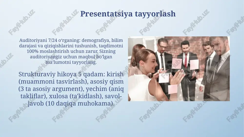 yaxshiroq eslab qolishga yordam beradi. nutq tayyorlashda '3p' (preparation, practice, presentation) usulidan foydalaning: maqsadni aniqlang, mashq qiling va ishonch bilan nutq so'zlang, auditoriyani jalb qiling. xulosa xulosa 100% maqsadga erishilganligini baholaydi, asosiy topilmalar, natijalar va ularning 2-darajali ma'lumotlar bilan bog'liqligini jamlaydi, 25-betga qarang. xulosa 70% asosiy nuqtalarni qayta takrorlaydi va ishning qiymatini ta'kidlaydi, lekin qisqacha, 3-darajali qo'shimcha ma'lumotlarsiz, 15-paragrafga qarang. e'tiboringiz uchun rahmat image4.png image6.jpg image7.jpg image8.jpg image9.jpg image10.jpg image11.jpg image12.jpg image13.jpg image14.jpg image15.jpg image16.jpg image17.jpg image18.jpg image19.jpg image20.jpg image21.jpg image22.jpg image3.jpeg