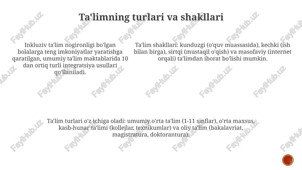 gacha ta’lim (3-6 yosh), umumiy oʻrta ta’lim (6-17 yosh, 11 yillik) va oliy ta’lim (bakalavriat va magistratura). ta’lim sohasida 2020-yilda qabul qilingan farmonga koʻra, 2030-yilgacha ta’lim sifatini oshirish, xalqaro standartlarga moslashtirish va raqamli ta’limni rivojlantirish maqsad qilingan. qonunchilikning buzilishi uchun javobgarlik ta'lim to'g'risidagi qonun hujjatlarini buzganlik uchun ma'muriy javobgarlik kodeksining 192-moddasiga asosan 1 bhm dan 5 bhmgacha jarima belgilanishi mumkin. fuqarolik kodeksiga ko'ra, ta'lim tashkiloti o'quvchiga yetkazilgan zarar uchun javobgar bo'lib, moddiy zarar qoplanishi lozim, bu 100 bhm dan oshishi mumkin. jinoyat kodeksining 207-moddasi ta'lim muassasalarida xavfsizlik qoidalarini buzganlik uchun 3 yilgacha ozodlikdan mahrum qilish jazosini nazarda tutadi. ta'lim sohasidagi xalqaro hamkorlik o'zbekiston ta'lim sohasida unesco bilan hamkorlik qilib, “ta'lim 2030” dasturini amalga oshirishda faol ishtirok etadi, bu global ta'lim maqsadlariga erishishga qaratilgan. respublika ko'plab xorijiy davlatlar bilan talabalar va o'qituvchilar almashinuvini yo'lga qo'ygan, jumladan, tempus va erasmus+ dasturlari orqali ta'lim sifatini oshirishga intiladi. o'zbekiston boloniya jarayonining asosiy tamoyillarini implementatsiya …
