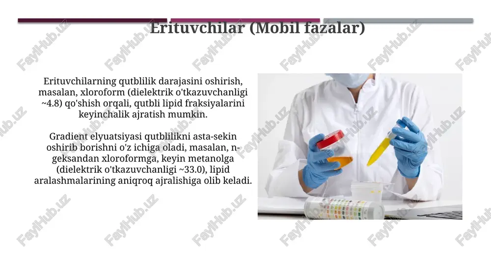 bu esa sorbentning bir tekis joylashishiga va havo pufakchalarini yo'qotishga yordam beradi. kolonnani tayyorlashda, silikagel 60 kabi sorbentlar 63-200 μm o'lchamdagi zarrachalarga ega bo'lishi kerak, bu esa optimal ajratish samaradorligini ta'minlaydi. erituvchi gradienti erituvchi gradienti - bu eluentning tarkibini asta-sekin o'zgartirish, masalan, 0% polyarli erituvchidan 100% polyarli erituvchiga, fraksiyalarning yaxshiroq ajralishini ta'minlash uchun ishlatiladi. gradientning shakli, masalan, chiziqli yoki pog'onali bo'lishi mumkin, lipidlarning ajralishi uchun optimallashtiriladi; masalan, triatsilgliserollar yuqori konsentratsiyali 80% geksanda, fosfolipidlar esa 20% metanolda elüze qilinadi. afzalliklari va cheklovlari afzalligi: turli xil sorbentlardan foydalanish imkoniyati (silikagel, alyuminiy oksid), lipidlarning turiga va xususiyatlariga mos keladigan optimal ajratish sharoitlarini tanlashga yordam beradi. afzalligi: lipid fraksiyalari polaritlariga ko'ra ajratiladi, bu esa murakkab aralashmalarni analiz qilish uchun muhimdir, 95% gacha tozalikda fraksiyalarni olish imkonini beradi. e'tiboringiz uchun rahmat image2.jpg image3.jpg image4.jpg image5.jpg image6.jpg image7.jpg image8.jpg image9.jpg image10.jpg image11.jpg image12.jpg image13.jpg image14.jpg image15.jpg image16.jpg image17.jpg image18.jpg