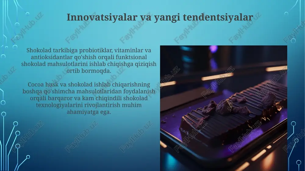ng namligini 6-8% gacha kamaytiradi, bu esa mog'orlashishning oldini oladi va kakao loviyalarini uzoqroq saqlash imkonini beradi. kakao loviyalarini fermentlash 5-7 kun davom etadi, bu jarayon loviya pulpasi tarkibidagi shakar va kislotalarni kamaytiradi, shuningdek, dastlabki kakao ta'mini hosil qiladi. temperlash temperlash, shokoladning barqaror kristallik shaklini yaratish uchun haroratni aniq nazorat qilishni o'z ichiga oladi, bu esa yog 'gulining oldini oladi va uni vizual jihatdan jozibali qiladi. temperlash jarayonida shokolad ma'lum haroratgacha qizdiriladi, so'ngra sovutiladi va yana qizdiriladi, bu esa v shaklida kristallarning shakllanishini rag'batlantiradi, bu esa sifat va barqarorlikni ta'minlaydi. e'tiboringiz uchun rahmat image4.jpg image5.jpg image6.jpg image7.jpg image8.jpg image9.jpg image10.jpg image11.jpg image12.jpg image13.jpg image14.jpg image15.jpg image16.jpg image17.jpg image18.jpg image19.jpg image20.jpg image1.png
