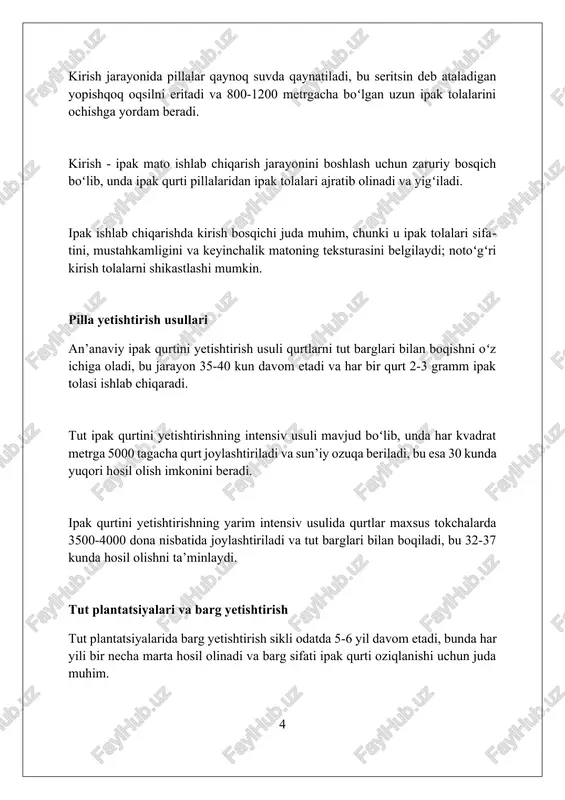 ipak matolarining turlari shohi - yengil va shaffof ipak mato bo'lib, u odatda kam zichlikdagi to'qimachilik bilan ajralib turadi va ko'pincha ko'ylaklar, ro'mollar va boshqa nozik kiyimlar uchun ishlatiladi. adras - an'anaviy qo'lda to'qilgan ipak mato bo'lib, unda rangli iplar bo'yalishidan oldin bog'lanadi, bu esa xarakterli loyqa naqshlar va noyob, xira dizaynlarni yaratadi. atlas - zichligi yuqori, yaltiroq va silliq ipak mato bo'lib, unda ko'ndalang ip asosiy iplar ustidan ma'lum bir tartibda o'tadi, natijada yuzasida yorqin effekt hosil bo'ladi. ipak matolarini bo'yash va bezash bo'yoqlarning mustahkamligini oshirish uchun turli xil mordantlar, jumladan, metall tuzlari (masalan, alyuminiy sulfat) ishlatiladi. mordantlar bo'yoqni tolaga yaxshiroq biriktirishga yordam beradi. ipak matolarni bo'yashda tabiiy bo'yoqlar, masalan, o'simliklardan olinadigan indigo va cochineal kabi moddalar keng qo'llaniladi, bu matoga o'ziga xos joziba bag'ishlaydi. ipak matolarni bezashda an'anaviy usullar, jumladan, qo'lda kashta tikish (suzane) va bosma naqshlar (batik) ishlatiladi, ularning har biri o'ziga xos texnikaga ega. pillalarni yig'ish …