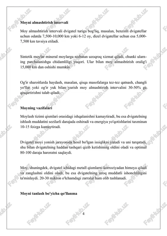 ral moylar neftni qayta ishlash orqali olinadi va arzonligi bilan ajralib turadi, ammo yuqori haroratlarda tezroq buziladi, 10w-40 kabi sinflarga ega. viskozlik va viskozlik indeksi viskozlik indeksi (vi) moyning harorat o'zgarishi bilan viskozligining qanchalik barqarorligini ko'rsatadi; yuqori vi moy issiqda ingichka bo'lishga kamroq moyil. ko'p darajali moylar, masalan, 10w-30, past haroratlarda 10w kabi (w - qish), yuqori haroratlarda esa 30 darajali moy kabi xususiyatlarga ega bo'lish uchun ishlab chiqilgan. viskozlik, suyuqlikning oqimga qarshilik ko'rsatish o'lchovi, odatda santipuaz (cp) yoki santistok (cst) da ifodalanadi, yuqori qiymat qalinroq moyni anglatadi. yarim sintetik moylar yarim sintetik moylar, taxminan 30-50% sintetik moylar va 50-70% mineral moylardan tashkil topgan holda, mineral moylarga nisbatan yaxshiroq oksidlanish barqarorligini ta'minlaydi. ushbu moylar, to'liq sintetik moylarga qaraganda arzonroq bo'lib, -25°c dan 100°c gacha bo'lgan keng harorat oralig'ida motorning ishlashini yaxshilashga qaratilgan. yarim sintetik moylar, api sn kabi standartlarga javob beradi va 8,000 dan 12,000 kilometrgacha bo'lgan almashtirish oralig'iga ega …