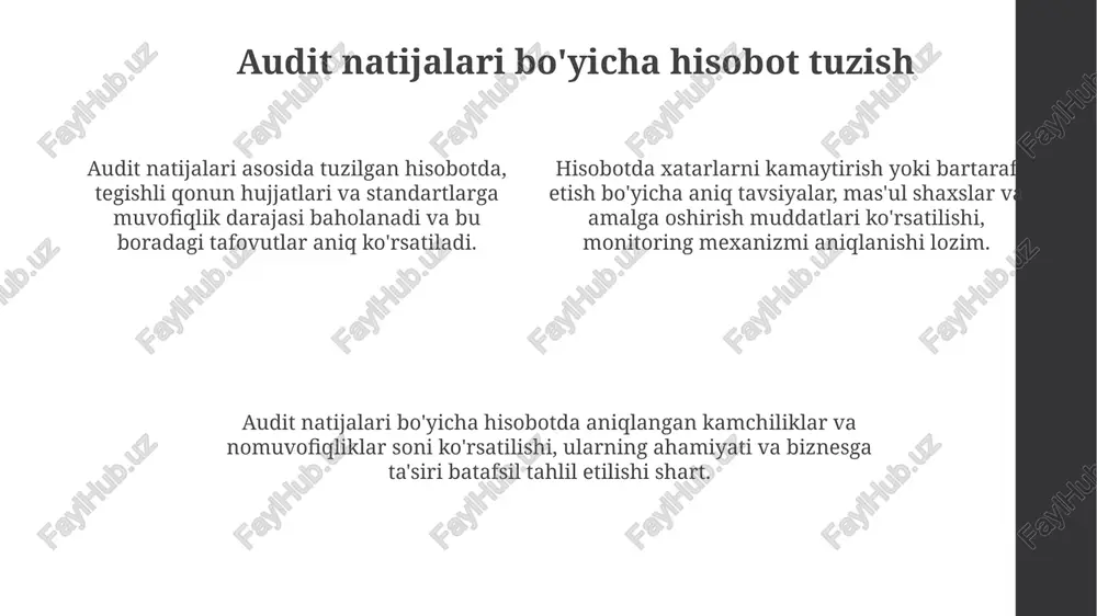 atlarining samaradorligini muntazam ravishda baholash va zarur bo'lganda 90 kun ichida o'zgartirishlar kiritish imkonini beradi. tuzatish harakatlari rejasida 8d metodologiyasi kabi vositalar yordamida asosiy sabablarni aniqlash va ularni bartaraf etish uchun zarur chora-tadbirlarni rejalashtirish muhim ahamiyatga ega. dalillarni baholash baholashda 'muhimlik' tushunchasi hisobga olinadi: 500 aqsh dollari miqdoridagi xato kichik biznes uchun katta ahamiyatga ega bo'lishi mumkin, ammo yirik korporatsiya uchun emas. dalillarni baholashda, auditor faktlarni to'g'ri talqin qilish uchun professional tajribasidan foydalanadi. u 3-5 yil tajribaga ega bo'lishi maqsadga muvofiq. dalillarni baholash jarayonida, 100% ishonchga erishish qiyin, shuning uchun 95% ishonch darajasi va 5% xatolik ehtimoli ko'pincha qabul qilinadi. e'tiboringiz uchun rahmat