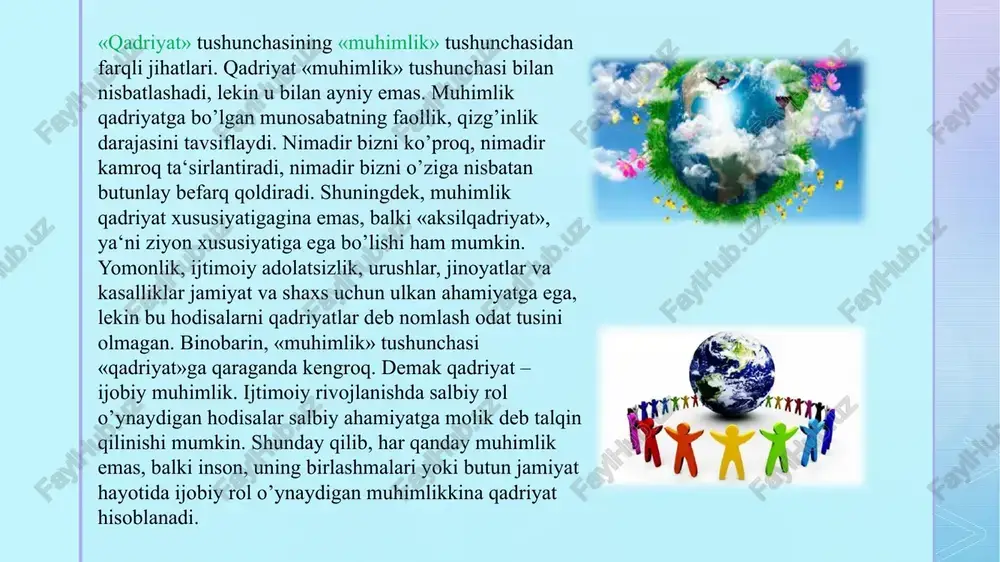 istaklar, intilishlar, afzalliklar, faoliyat ko’rinishida ro’yobga chiqib, inson hayot faoliyatining barcha turlariga ta‘sir ko’rsatadi. z baholashning mohiyatini teranroq anglab yetish uchun uni «qadriyat» bilan solishtirish o’rinli bo’ladi. baholash va qadriyat – bir-biri bilan uzviy bog’liq bo’lgan tushunchalar, lekin ularning o’rtasida jiddiy farq ham mavjud. xo’sh, bu farq nimalarda ko’rinadi? birinchidan, qadriyat biz baho berayotgan narsa, ya‘ni baholash predmeti bo’lsa, baholash – bu baho berish jarayoni, ya‘ni aqliy faoliyat bo’lib, uning natijasi o’laroq borliqning muayyan predmeti biz uchun qanday qimmatga ega ekanligi aniqlanadi. predmetni yoki uning xossasini foydali, yoqimli, yaxshi, chiroyli deb topib, biz baholashni amalga oshiramiz. ikkinchidan, faqat ijobiy ahamiyat kasb etuvchi qadriyatlardan farqli o’laroq («salbiy qadriyatlar» bo’lishi mumkin emas), berilgan baho ijobiy bo’lishi ham, salbiy bo’lishi ham mumkin. biz muayyan predmetni yoki uning xossasini foydali emas, balki zararli deb topishimiz, muayyan xattiharakatni yomon, axloqqa zid deb baholashimiz, ko’rilgan filmni mantiqsizdeb qoralashimiz mumkin. bunday fikrlarning barchasi baholash hisoblanadi. ehtiyojlar va …