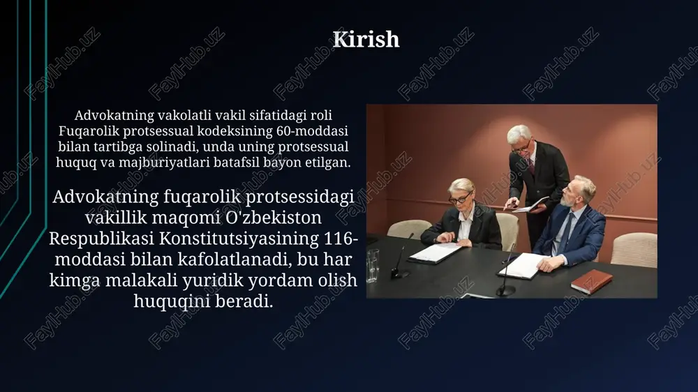 qlari o'zbekiston respublikasi fuqarolik protsessual kodeksining 61-moddasida belgilangan bo'lib, ular vakolat beruvchining manfaatlarini himoya qilishga qaratilgan. advokatning vakolatlarini tasdiqlash vakolatlar tasdiqlangandan so'ng, advokat sudga ushbu hujjatlarni taqdim etishi shart, aks holda uning ishtiroki protsessda qonuniy hisoblanmaydi. advokatning vakolatlari fuqarolik protsessual kodeksning 62-moddasiga muvofiq order yoki ishonchnoma bilan tasdiqlanadi, ularda advokatning huquqlari aniq ko'rsatilgan. mijozning advokatga nisbatan huquqlari mijoz advokatdan professional yordam olish, ish materiallari bilan tanishish va uning yozma xulosalarini talab qilish huquqiga ega, o'zbekiston respublikasi qonunchiligi doirasida. mijoz advokatning harakatlari yoki harakatsizligi natijasida yetkazilgan zararni qoplashni talab qilish, shuningdek, advokatning xatti-harakatlari yuzasidan shikoyat qilish huquqiga ega. e'tiboringiz uchun rahmat image2.jpg image3.jpg image4.jpg image5.jpg image6.jpg image7.jpg image8.jpg image9.jpg image10.jpg image11.jpg image12.jpg image13.jpg image14.jpg image15.jpg image16.jpg image17.jpg image18.jpg