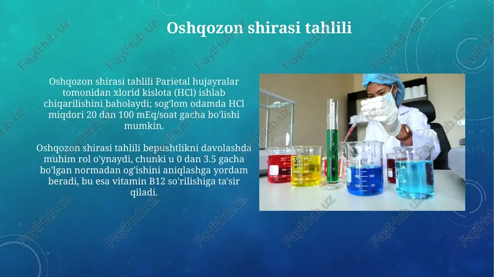 uyrak funksiyasi va metabolik buzilishlarni baholash uchun muhim diagnostik ma'lumot beradi. xatoliklar va ularni kamaytirish usullari indikatorning noto'g'ri tanlanishi yoki rang o'zgarishini aniqlashdagi sub'ektivlik natijalarga ta'sir qiladi. tegishli indikatorni tanlash va standartlashtirish xatolikni kamaytiradi. titrlash jarayonida hajm o'lchashdagi xatoliklar 0.1 ml gacha bo'lishi mumkin. pipetkalarni to'g'ri ishlatish va byuretlarni aniq o'qish orqali bu kamaytiriladi. titrlashning ta'rifi va ahamiyati titrlashning ahamiyati turli sohalarda, jumladan farmatsevtika, oziq-ovqat sanoati va atrof-muhitni monitoring qilishda moddalarning sifat va miqdoriy tahlilini o'tkazishda katta. titrlash aniq konsentratsiyali eritma (titrant) yordamida noma'lum konsentratsiyali moddaning miqdorini aniqlash usuli bo'lib, analitik kimyoda muhim o'rin tutadi. e'tiboringiz uchun rahmat image2.png image5.jpg image6.jpg image7.jpg image8.jpg image9.jpg image10.jpg image11.jpg image12.jpg image13.jpg image14.jpg image15.jpg image16.jpg image17.jpg image18.jpg image19.jpg image20.jpg image21.jpg