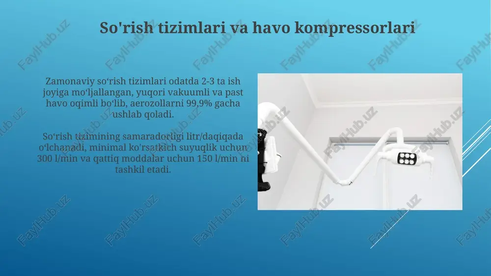 boshqa nafas olish qiyinlashganda tez yordam beradi. favqulodda vaziyatlar uchun dori-darmonlar to'plami, masalan, epinefrin (allergik reaksiyalar uchun), difenhidramin (antigistamin) va nitroglycerin (ko'krak og'rig'i uchun) bo'lishi kerak. ular aniq belgilangan va oson erishish mumkin bo'lishi shart. instrumental stollar va saqlash tizimlari zamonaviy instrumental saqlash tizimlarida rfid (radio frequency identification) texnologiyasi qo'llaniladi, bu asboblarni kuzatish va inventarizatsiya qilish uchun yordam beradi, 99% aniqlik bilan vaqtni 50% gacha tejaydi. saqlash tizimlariga kiritilgan avtoklavlangan kassalar asboblarni sterilizatsiya qilish va saqlashda muhim rol o'ynaydi, ularning o'lchamlari 20x10x5 sm dan 40x20x10 sm gacha bo'lishi mumkin, bu asboblar to'plamiga bog'liq. kichik stomatologik asbob-uskunalar (turbinalar, mikromotorlar, skalerlar) turbinalar yuqori tezlikda (300,000-450,000 aylanish/daqiqada) ishlaydi, suv sovutish tizimi bilan tish qattiq to'qimalarini olib tashlash uchun ishlatiladi va aerodinamic rotorga ega. skalerlar ultratovushli vibratsiyalardan (25-40 khz) foydalanadi, tish toshini olib tashlash, ildiz sirtini tozalash va periodontik davolashda minimal invaziv yechimlarni taqdim etadi. e'tiboringiz uchun rahmat image2.jpg image3.jpg image4.jpg image5.jpg image6.jpg image7.jpg …