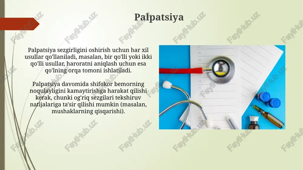 uchun 5 usuldan foydalanadi: so'rash, ko'zdan kechirish, paypaslash, perkussiya va auskultatsiya. inspeksiya to'g'ridan-to'g'ri inspeksiya oddiy ko'z bilan amalga oshiriladi, bilvosita inspeksiyada esa oftalmoskop yoki otoskop kabi asboblar 5-15 marta kattalashtirish imkonini beradi. inspeksiya – bu vizual baholash usuli bo'lib, unda tananing shakli, rangi, harakati va nosimmetrikligi kabi vizual xususiyatlar 10-20 sm masofadan baholanadi. har bir usulning afzalliklari palpatsiya, ayniqsa, 5-10 sm chuqurlikdagi organlarni tekshirishda 95% aniqlik beradi, agar tekshiruvchi tajribali bo'lsa va anatomiyani yaxshi bilsa. so'roq orqali bemorning 60-70% anamnezini aniqlash mumkin, bu esa tez va arzon diagnostika yo'li bo'lib, shaxsiy va intervyu malakasiga bog'liq. e'tiboringiz uchun rahmat image2.jpg image3.jpg image4.jpg image5.jpg image6.jpg image7.jpg image8.jpg image9.jpg image10.jpg image11.jpg image12.jpg image13.jpg image14.jpg image15.jpg image16.jpg image17.jpg image18.jpg