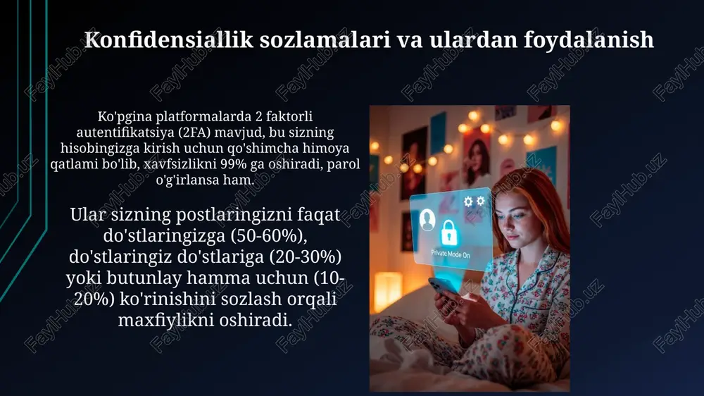 shaxsiy ma'lumotlaringizni kim ko'rishi mumkinligini nazorat qilishingiz, postingizni cheklashingiz va reklama maqsadlarida foydalanilishini kamaytirishingiz mumkin. fidishing hujumlaridan ehtiyot bo'ling, chunki ular sizning shaxsiy ma'lumotlaringizni o'g'irlashga qaratilgan. noma'lum manbalardan kelgan shubhali havolalarga yoki xabarlarga ishonmang, shaxsiy ma'lumotlarni kiritmang. ijtimoiy tarmoqlardan foydalanish madaniyati ijtimoiy tarmoqlarda 2 faktorli autentifikatsiyani yoqish shaxsiy ma'lumotlarni himoya qilishning muhim qadami hisoblanadi, bu xavfsizlikni sezilarli darajada oshiradi. ijtimoiy tarmoqlarda kontentni baholashda tanqidiy fikrlash muhim; faktlarni tekshiring va 7/24 soxta yangiliklarga qarshi turing. e'tiboringiz uchun rahmat image2.jpg image3.jpg image4.jpg image5.jpg image6.jpg image7.jpg image8.jpg image9.jpg image10.jpg image11.jpg image12.jpg image13.jpg image14.jpg image15.jpg image16.jpg