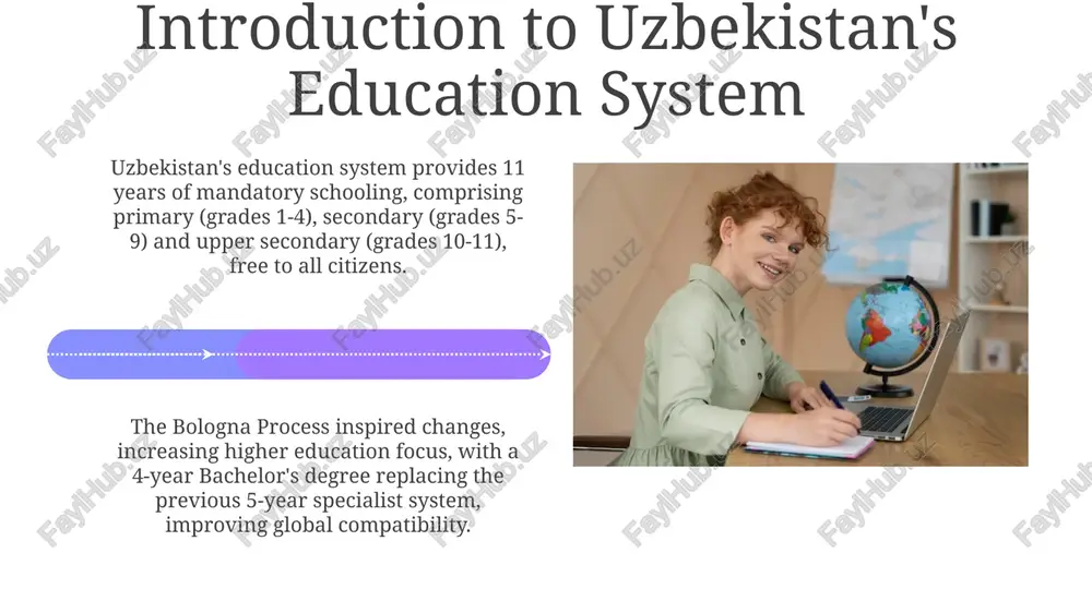 ields crucial for uzbekistan's modernization through international scholarships. structure of the education system vocational education in uzbekistan provides specialized training programs, following the 9th grade, lasting two to three years, equipping students with practical skills for specific industries. uzbekistan's education system features a mandatory 11-year program, consisting of primary (grades 1-4), lower secondary (grades 5-9), and upper secondary education, aiming to improve functional literacy. preschool education compulsory one-year preschool programs, known as 'maktabgacha ta'lim,' are being implemented nationwide to ensure equitable access and school readiness for all children before entering grade 1 at age 7. the 'bolajon' program is a key initiative to improve preschool quality, focusing on teacher training, curriculum development, and providing resources to 62% of public kindergartens across uzbekistan's regions. historical overview of education in uzbekistan during the 9th-12th centuries, central asia, including uzbekistan, experienced a golden age, fostering scholars like al-khwarizmi, who significantly advanced mathematics and …