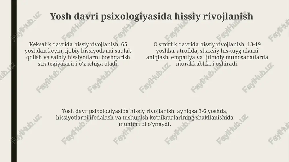 g kognitiv rivojlanish nazariyasi bolalarning dunyoni tushunishida 4 asosiy bosqichga e'tibor qaratadi: sensorimotor, preoperatsion, konkret operatsion va formal operatsion. erik eriksonning psixosotsial rivojlanish nazariyasi 8 bosqichda shaxsiyat shakllanishini tushuntiradi, har bir bosqichda inqiroz va ijtimoiy munosabatlar ta'sirini o'rganadi. bolalik davri psixologiyasi (0-11 yosh) bolalikning ilk davrida (0-3 yosh) sensorimotor rivojlanish ustun bo'lib, piaget nazariyasiga ko'ra, bola dunyoni harakat va sezgilar orqali o'rganadi. boshlang'ich maktab yoshida (6-11 yosh) kognitiv qobiliyatlar sezilarli darajada o'sadi, konkret operatsiyalar bosqichi boshlanadi, mantiqiy fikrlash rivojlanadi. maktabgacha yoshda (3-6 yosh) bolalar o'z-o'zini anglashni rivojlantiradi, ijtimoiy o'yinlar muhim rol o'ynaydi, lekin hali ham egotsentrik fikrlash xususiyati saqlanib qoladi. yosh davri psixologiyasining amaliy ahamiyati oilaviy munosabatlarda yosh davri psixologiyasi har bir oila a'zosining yoshiga xos bo'lgan ehtiyojlarini tushunish va 3 ta asosiy oilaviy muammolarni hal etishda samarali muloqotni yo'lga qo'yishga ko'maklashadi. yosh davri psixologiyasini amaliy qo'llash o'quv jarayonida o'quvchilarga individual yondashishda, ularning kognitiv va emotsional rivojlanishidagi 7 ta asosiy …