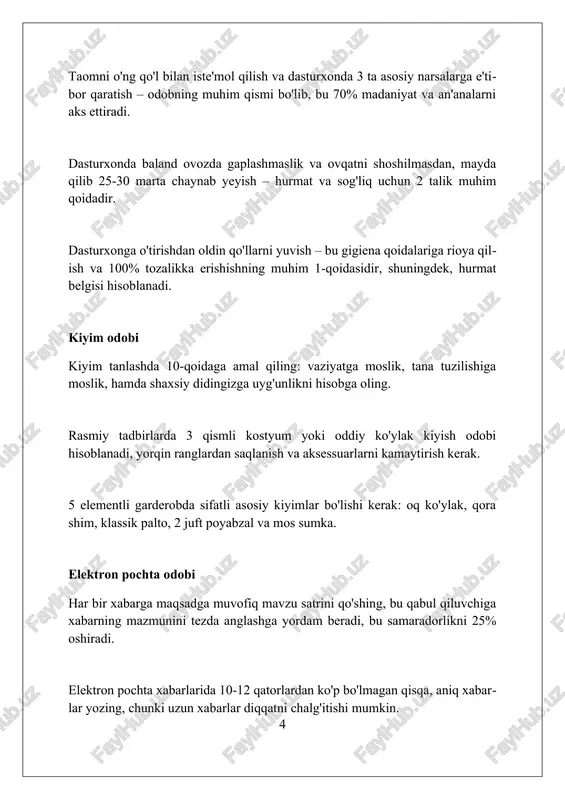 qdir, shaxsiy munosabatlarga ta'sir qilmaslik uchun. ishbilarmonlik odobiga koʻra, ertalab soat 9:00 dan kechiktirmay xatlarga javob berish maqsadga muvofiq, bu sizning hurmatingizni bildiradi. mehmon bo'lish odobi mehmonga borishdan oldin, mezbon bilan kelishish lozim, masalan, soat 17:00 ga borish va 2-3 soatdan keyin ketish yaxshiroqdir. agar sizni taklif qilishgan bo'lsa, 15-20 daqiqa kechikish odobdan emas, va agar juda zarur bo'lsa, oldindan xabar berish kerak. mezbonning uyida o'zingizni xuddi o'z uyingizdagidek tutmang, balki hurmat bilan munosabatda bo'ling va uning 7 ta qoidalariga rioya qiling. telefon odobi ommaviy joylarda telefon orqali ovoz balandligini nazorat qiling; 60 desibeldan past bo'lgan ovoz balandligi atrofdagilarga xalaqit bermaydi va telefon odobini ko'rsatadi. telefon suhbatida 80/20 qoidasiga rioya qiling: 80% tinglang va 20% gapiring, bu tinglovchining fikrini hurmat qilgan holda muloqot qilishni ta'minlaydi. telefon qo‘ng‘irog‘iga javob berishda, 3 ta signal davomida javob berish odobi bor; bu tezlik aloqa hurmatini bildiradi, ayniqsa biznes aloqalarda muhimdir. xulosa xulosa qilib aytganda, …