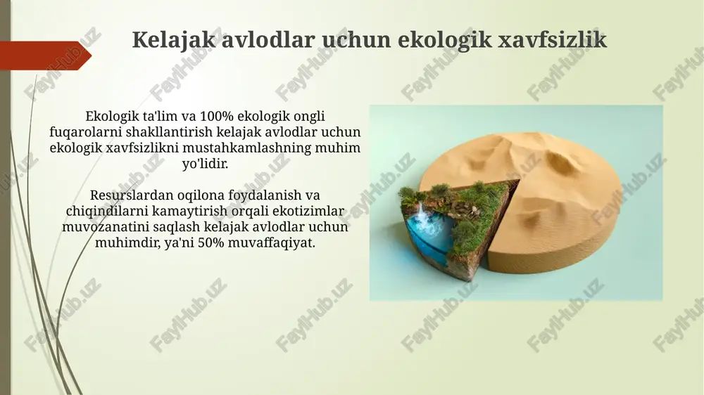 elosipeddan yoki piyoda yurishdan foydalaning; avtomobil emissiyasini kamaytiring. ekologik ta'lim va tarbiyaning roli ekologik tarbiya 17-18 yoshdagi o'quvchilarda ekologik ongni rivojlantirishga qaratilgan. bu jarayonda atrof-muhit muammolari, ularning sabablari va yechimlari o'rganiladi. oliy ta’lim muassasalarida ekologik ta’lim 20 dan ortiq fanlar orqali amalga oshiriladi. unda ekologik qonunchilik, barqaror rivojlanish va texnologiyalar kabi masalalar chuqur o'rganiladi. global ekologik izning holati global ekologik izning asosiy qismini uglerod izi tashkil etadi, bu energiya ishlab chiqarish va transport vositalaridan chiqayotgan karbonat angidrid gazlari hisobiga shakllanadi, taxminan 60%. 2023-yilgi ma'lumotlarga ko'ra, yuqori daromadli davlatlar aholisi past daromadli davlatlar aholisiga nisbatan 5 barobar katta ekologik izga ega, bu tengsizlikni aks ettiradi. e'tiboringiz uchun rahmat image2.jpg image3.jpg image4.jpg image5.jpg image6.jpg image7.jpg image8.jpg image9.jpg image10.jpg image11.jpg image12.jpg image13.jpg image14.jpg image15.jpg image16.jpg image17.jpg image18.jpg