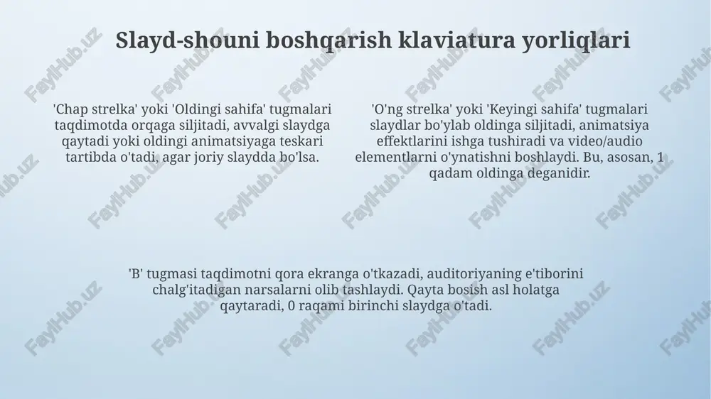 avzuga oid 10 dan ortiq savollar berib, batafsil tushuntirishlar olishlari mumkin. interaktiv slaydlarni yaratish interaktiv slaydlarda turli xil 3d modellaridan foydalanish, masalan, mahsulotning 3d aylantirilgan ko'rinishi, tomoshabinlarga mahsulotni 60 foizga yaxshiroq tushunishga yordam beradi. interaktiv slaydlarda tugmalardan foydalanish tomoshabinlarga taqdimot davomida 360 gradusli virtual turni boshqarish, istalgan nuqtaga o'tish imkonini beradi. interaktiv slaydlarga o'yinlar yoki viktorinalar kiritish, tomoshabinlarning 75 foizi ishtirokini rag'batlantiradi va materialni 90 foizga yaxshiroq eslab qolishga yordam beradi. taymer va taqdimotchi ko'rinishi taqdimotchi koʻrinishi taqdimot slaydlari, joriy vaqtni ko'rsatuvchi taymer, hamda eslatmalarni o'z ichiga oladi, bu esa taqdimotchi uchun juda qulay 10-20 daqiqalik qo'llanma vazifasini bajaradi. taqdimotchi ko'rinishi slaydlarni tartiblash, zoom qilish, marker va lazer ko'rsatkichidan foydalanish imkonini beradi, bu esa auditoriya e'tiborini 3-5 ta asosiy nuqtaga qaratishga yordam beradi. taymer taqdimotchi ko'rinishida qolgan vaqtni aniq ko'rsatib, taqdimot vaqtini samarali boshqarishga yordam beradi; bu professional taqdimot uchun zarur 5-10 daqiqalik vositadir. e'tiboringiz uchun rahmat image4.png image3.jpeg