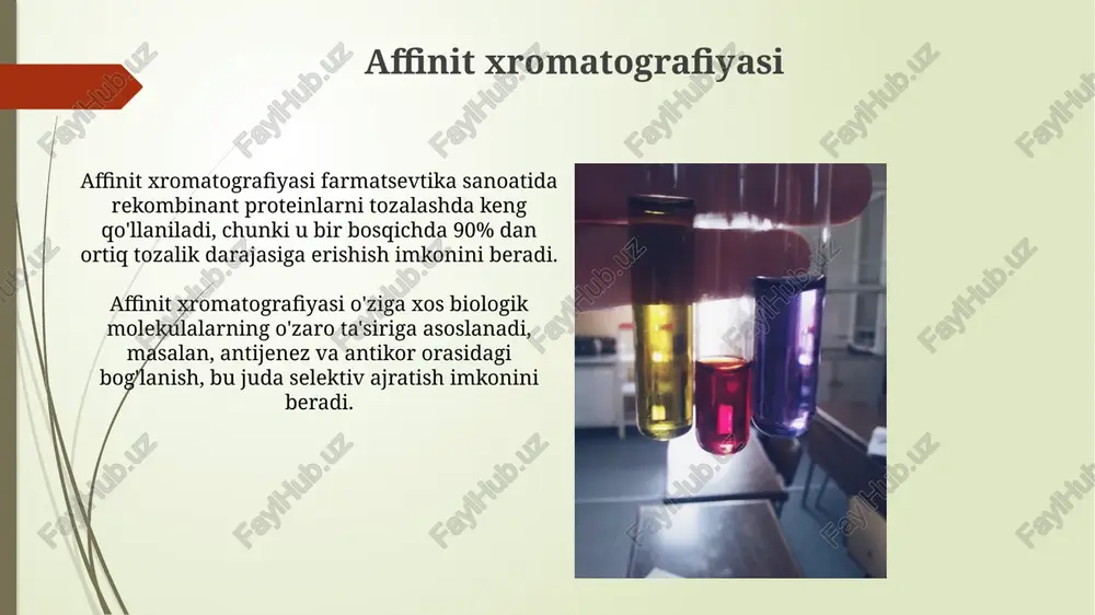 xromatografiya turlari mavjud, masalan, gaz xromatografiyasi va suyuqlik xromatografiyasi, ular har xil harakatchan va statsionar fazalardan foydalanadi. yuqori samarali suyuqlik xromatografiyasi (hplc) hplc koʻpincha farmatsevtika sanoatida dori vositalarining tozaligini tekshirish va ularning konsentratsiyasini aniqlash uchun qoʻllaniladi, chunki u juda sezgir va aniq natijalar beradi. yuqori samarali suyuqlik xromatografiyasi (hplc) 20-asr oxirida ishlab chiqilgan boʻlib, moddalarni ajratish, aniqlash va miqdorini aniqlash uchun yuqori bosimli suyuqlik fazasidan foydalanadi. harakatlanuvchi va statsionar fazalar statsionar faza qattiq yoki suyuqlik boʻlib, kolonnaning ichki qismida joylashgan va namunaning komponentlarini ularning turli xil affinliklari boʻyicha ajratadi. harakatlanuvchi faza, odatda suyuqlik yoki gaz boʻlib, namunani statsionar faza orqali oʻtkazib, 1 dan 100 ml/min tezlikda eluent vazifasini bajaradi. yupqa qatlam xromatografiyasi (tlc) yupqa qatlam xromatografiyasi (tlc) oddiy, tezkor usul boʻlib, u eritmalar tarkibidagi alohida komponentlarni ajratish uchun silikagel kabi qattiq fazaning yupqa qatlamidan foydalanadi. tlc rf qiymatidan foydalanadi, bu esa har bir komponentning harakatchanligini ifodalovchi qiymat boʻlib, boshlangʻich chiziqdan …