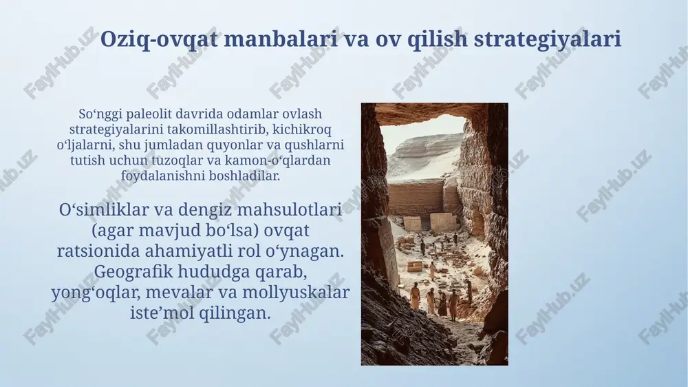 qurollarda ishlatilgan deb taxmin qilinadi. genetik ma'lumotlar va migratsiya mitozondrial dnk va y-xromosoma tadqiqotlari shuni ko'rsatadiki, 30,000 yil avvalgi ma'lum bo'lgan yevropaning eng qadimgi zamonaviy odamlari o'rta osiyodan kelgan bo'lishi mumkin. keç paleolit davridagi yevroosiyo aholisining genetik tahlili, taxminan 45,000-10,000 yil avval, sharqqa migratsiyalar orqali asosiy guruhlar bo'linishini ko'rsatadi. osiyodagi asosiy arxeologik joylar mal'ta bolalar qabrlari, sibirda joylashgan bo'lib, 24,000 yillik bo'lib, insoniyatning amerikaga ko'chishi haqida genetik ma'lumot beruvchi noyob san'at asarlarini o'z ichiga oladi. shonindong, xitoyning shimoliy qismida joylashgan, 40,000 yillik sayt bo'lib, homo sapienslarining ertalabki aralashuvi va tosh asboblarning texnologiyalari haqida ma'lumot beradi. e'tiboringiz uchun rahmat image4.png image6.jpg image7.jpg image8.jpg image9.jpg image10.jpg image11.jpg image12.jpg image13.jpg image14.jpg image15.jpg image16.jpg image17.jpg image18.jpg image19.jpg image20.jpg image21.jpg image22.jpg image3.jpeg