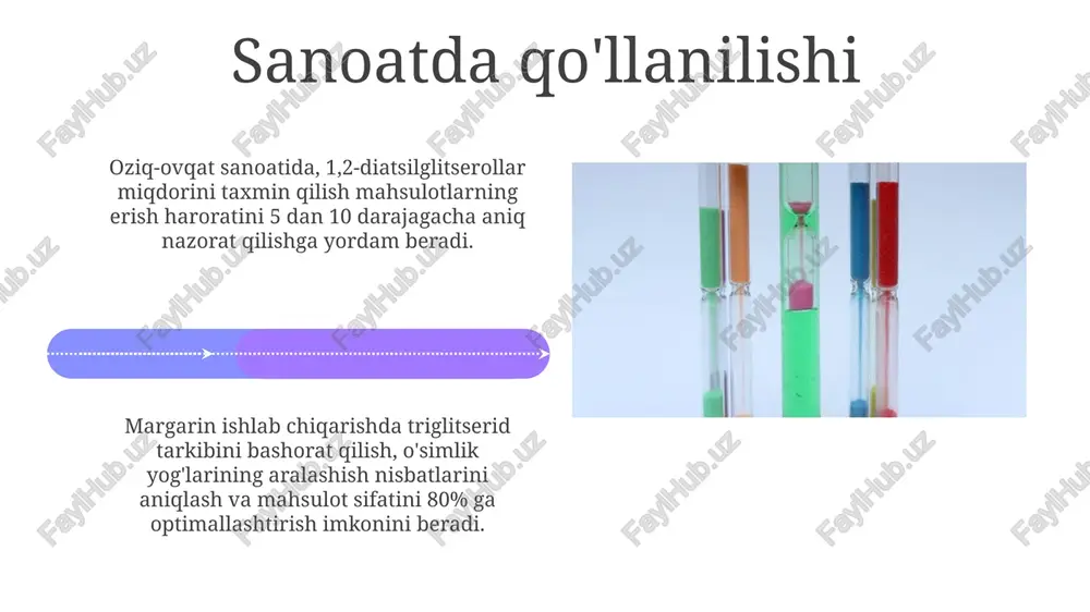 neyron tarmoqlar va qaror daraxtlari, murakkab modellar qurish va 99% aniqlik darajasiga erishish uchun ishlatiladi. xromatografik usullar (gc, hplc) yuqori samarali suyuqlik xromatografiyasi (hplc) triglitseridlarni ajratish uchun ishlatiladi, odatda uv yoki mass-spektrometrik detektorlar bilan birgalikda, qutblilik asosida fraksiyalashni ta'minlaydi. gaz xromatografiyasi (gc) uchuvchan glyceridlarni tahlil qilish uchun ideal, yuqori haroratlarda ajratish va detektorlarga (fid, ms) yuqori sezuvchanlik bilan yetkazish imkonini beradi. glitseridlar tarkibiga ta'sir etuvchi omillar yog‘ kislotalarining tarkibi o‘simlik turiga bog‘liq, masalan, kungaboqar tarkibida 60% linoleik kislota bo‘lsa, palma yog‘ida 44% palmitik kislota bor. harorat ta'siri muhim: yuqori haroratda o‘simliklar ko‘proq to‘yinmagan yog‘ kislotalarini (masalan, olein kislota) sintez qiladi, bu esa yog‘ning suyuqligini oshiradi. e'tiboringiz uchun rahmat image5.jpg image6.jpg image7.jpg image8.jpg image9.jpg image10.jpg image11.jpg image12.jpg image13.jpg image14.jpg image15.jpg image16.jpg image17.jpg image18.jpg image19.jpg image20.jpg image21.jpg image1.jpeg image2.jpeg image3.jpeg
