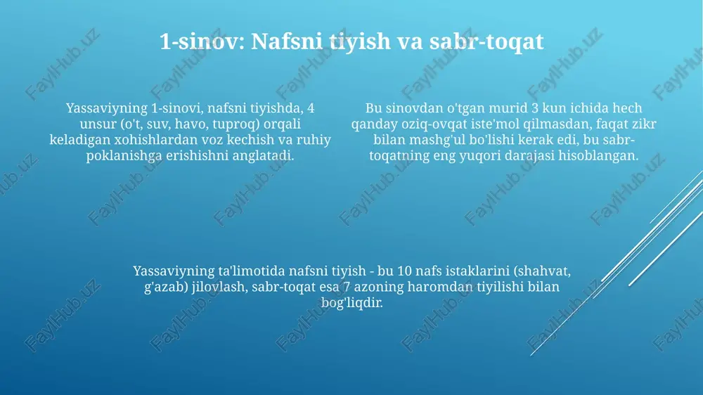 ov: dunyoviy vasvasalarga qarshi kurash sinovda muridning dunyoviy orzularga, masalan, 1000 dinor boylikka intilmasligi, balki allohga yaqin bo'lishga e'tibor berishi muhim. murid 40 kun davomida dunyoviy vasvasalardan voz kechishi kerak, faqat ibodat va zikr bilan shug'ullanib, nafsi bilan jangga tayyor bo'ladi. bu sinovda murid o'z nafsining xohishlariga qarshi kurashadi va 7ta asosiy gunohdan (kibr, hasad, g'azab kabi) uzoq turishga harakat qiladi. e'tiboringiz uchun rahmat