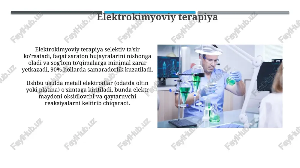 ektrokimyoning regenerativ tibbiyotda qo'llanilishi elektrokimyo 3d bosilgan tuzilmalarni yaratishda yordam beradi, bu esa suyak to'qimalarining tiklanishida 85% gacha ko'proq muvaffaqiyatga erishish imkonini beradi. elektrokimyoviy stimulyatsiya nerv hujayralari o'sishini 40% gacha oshiradi, bu esa orqa miya shikastlanishidan keyin funktsiyalarni tiklash uchun muhim hisoblanadi. elektroforez agaroz gel elektroforezi dnk fragmentlarini ajratish uchun keng qo'llaniladi, chunki u 100 dan 20 000 bazis juftiga qadar bo'lgan molekulalarni ajrata oladi. elektroforez tibbiyotda oqsillar, dnk va rnk kabi zaryadlangan molekulalarni ularning elektr maydonidagi harakat tezligiga qarab ajratish uchun ishlatiladi. e'tiboringiz uchun rahmat image2.jpg image3.jpg image4.jpg image5.jpg image6.jpg image7.jpg image8.jpg image9.jpg image10.jpg image11.jpg image12.jpg image13.jpg image14.jpg image15.jpg image16.jpg image17.jpg image18.jpg