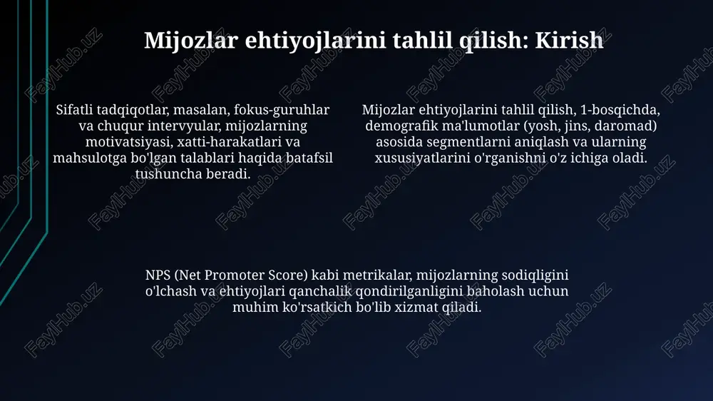 niqlashga yordam beradi. psixografik segmentatsiya turmush tarzi, qadriyatlar va shaxsiyat xususiyatlariga e'tibor qaratadi, masalan, sarguzashtga intiluvchi, ekologik ongli iste'molchilar segmentini yaratish. muvaffaqiyatni o'lchash va optimallashtirish mijozlarning xatti-harakatlarini (masalan, sahifada o'tkazilgan vaqt, o'tkazmalar darajasi) tahlil qilish a/b sinovlari orqali veb-sayt yoki dasturdagi o'zgarishlarning samaradorligini baholashga yordam beradi. konversiya stavkalarini (masalan, 5% dan 8% gacha oshirish) va har bir mijoz uchun o'rtacha daromadni (arpu) kuzatish, sotuvlar funneli optimallashtirishdagi muvaffaqiyatni o'lchashning muhim ko'rsatkichlaridir. mijozlarning qoniqish darajasini (csat) baholash va net promoter score (nps) ko'rsatkichlarini qo'llash segmentlar bo'yicha mijozlar ehtiyojlarini qondirish va loyallikni oshirish strategiyalarini optimallashtirish imkonini beradi. mijozlar ehtiyojlarini segmentatsiya bilan bog'lash segmentatsiyani qo'llab, biznes har bir guruhning o'ziga xos ehtiyojlarini qondirish uchun 4p (mahsulot, narx, joy, reklama) marketing strategiyasini moslashtirishi mumkin. segmentatsiya demografik ma'lumotlar, turmush tarzi va xulq-atvorga asoslanib, ehtiyojlarni aniqlashga yordam beradi. misol uchun, 18-25 yoshdagi segment texnologik yangiliklarga muhtoj bo'lishi mumkin. psixografik segmentatsiya xaridorning qadriyatlari va manfaatlarini tahlil qilib, unga …