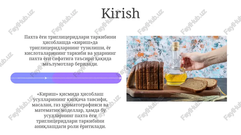 iy yog' kislotalarining 70-75% ini tashkil etadi va uning ozuqaviy qiymatini oshiradi. yog 'kislotalari tarkibi, masalan, palmitik (c16:0) 20-25%, stearik (c18:0) 2-4%, oleik (c18:1) 15-20% va linoleik (c18:2) 50-55% kabi turli nisbatlarda ifodalanadi. ma'lumotlar to'plami: yog 'kislotasi profili yog 'kislotasi profili ma'lumotlar to'plami yog' namunalaridagi turli yog' kislotalarining foiz miqdorini o'z ichiga oladi, masalan, palmitik kislota (c16:0) 20% va olein kislota (c18:1) 30%. yog 'kislotasi profili ma'lumotlar to'plami odatda gaz xromatografiyasi (gc) yordamida olinadi, bu har bir yog 'kislotasining miqdorini aniqlash uchun yuqori aniqlikdagi usuldir va mg/kg da ifodalanadi. hisoblash natijalariga ta'sir etuvchi omillar temperaturaning oʻzgarishi, 5-10°c oraligʻida boʻlsa ham, yogʻ kislotalarining eruvchanligini oʻzgartirishi mumkin, bu esa triglitseridlarning nisbatiga taʼsir koʻrsatadi. ishlatiladigan analitik usulning aniqligi (masalan, gaz xromatografiyasi) 1-2% gacha boʻlgan xatolikni keltirib chiqarishi mumkin, bu triglitserid tarkibini notoʻgʻri baholashga olib keladi. e'tiboringiz uchun rahmat image5.jpg image6.jpg image7.jpg image8.jpg image9.jpg image10.jpg image11.jpg image12.jpg image13.jpg image14.jpg image15.jpg image16.jpg image17.jpg image18.jpg image19.jpg …