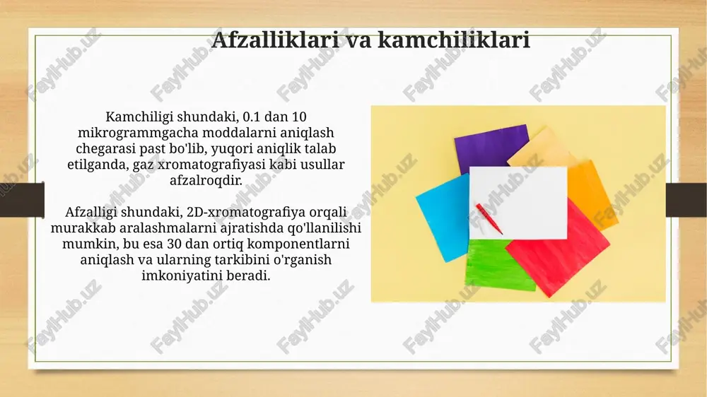 oki pigmentlar. qog'oz xromatografiyasi aralashmalarni ajratishning sodda usuli bo'lib, unda filtr qog'ozi statsionar faza, erituvchi esa mobil faza sifatida ishlaydi, r_f qiymati 0 dan 1 gacha o'zgaradi. rf qiymatini hisoblash rf qiymati doimo 0 va 1 orasida bo'ladi, chunki birikma erituvchi frontidan uzoqroqqa harakatlana olmaydi; formula: rf = harakatlangan birikma masofasi / harakatlangan erituvchi masofasi. rf qiymati, birikmaning harakatlangan masofasining (nuqtadan birikma markazigacha) erituvchi harakatlangan masofasiga (nuqtadan erituvchi frontigacha) nisbati sifatida hisoblanadi. e'tiboringiz uchun rahmat image8.jpg image9.jpg image10.jpg image11.jpg image12.jpg image13.jpg image14.jpg image15.jpg image16.jpg image17.jpg image18.jpg image19.jpg image20.jpg image21.jpg image22.jpg image23.jpg image24.jpg image3.png image4.png