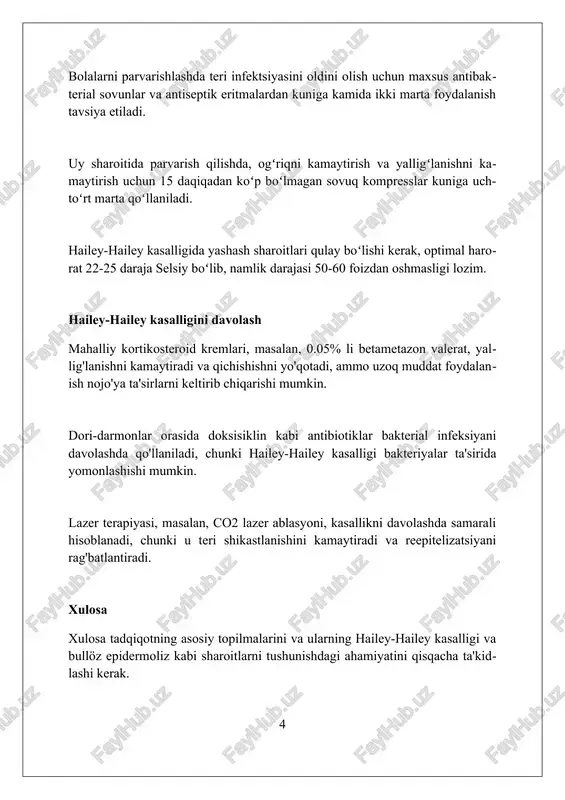 chalar paydo bo'ladi, bu esa mexanik ta'sirlar natijasida erta yoshda namoyon bo'ladi. ba'zi hollarda, genetik mutatsiyalar tufayli kelib chiqqan bullöz epidermoliz turi qo'llar va oyoqlarda distrofik o'zgarishlarga olib kelishi mumkin. tashxis qo'yish genetik testlar hailey-hailey kasalligini tasdiqlash uchun zarur. atp2c1 genidagi mutatsiyalarni aniqlash, klinik tekshiruvga qo'shimcha ravishda diagnostika aniqligini oshiradi. tashxis qo'yishda biopsiya muhim, chunki u immunofluorestsent xaritalash orqali bullous pemphigoid va epidermoliz bullosa kabi kasalliklarni aniq ajratishga yordam beradi. elektron mikroskopiya epidermoliz bullosaning turli xil shakllarini, masalan, distrofiyali va biriktiruvchi to'qimalarning o'zgarishlarini erta bosqichda aniqlashga imkon beradi. hailey-hailey kasalligi haqida umumiy ma'lumot geyli-geyli kasalligi, benign oilaviy pemfigus sifatida ham tanilgan, autosom dominant genetik buzilish bo'lib, 30-40 yoshlarda namoyon bo'ladi va atpa2c1 genidagi mutatsiyalar sabab bo'ladi. geyli-geyli kasalligini davolashda topikal kortikosteroidlar, antibiotiklar va antiseptiklar qo'llaniladi, og'ir holatlarda esa lazer terapiyasi va botulinum toksin in'ektsiyalari kabi 10-20% hollarda variantlar ko'rib chiqilishi mumkin. ushbu kasallik terining o'ziga xos joylarida, masalan, qo'ltiq osti, …