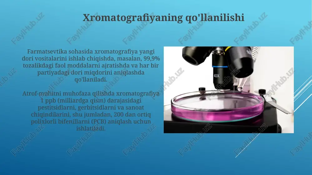 ri 100 dan 10000 angströmgacha bo'ladi. muammolarni bartaraf etish bazaviy chiziq shovqinining yuqori darajasi detektor muammosi yoki mobil faza ifloslanishi tufayli yuzaga kelishi mumkin. detektorni tekshiring va yangi, yuqori sifatli erituvchilar ishlating. kolonkaning haddan tashqari bosimi, zarrachalar bloklanishi yoki qattiq namuna in'ektsiyasi tufayli yuzaga kelishi mumkin. kolonkani tozalang yoki 0,2 mikronli filtrdan foydalaning. namuna tayyorlash usullari derivatizatsiya reaksiyalari gaz xromatografiyasi (gc) uchun uchuvchanlikni oshirish maqsadida ishlatiladi. silillovchi reagentlar, masalan, tmscl, gidroksil guruhlarini o'zgartirib, tahlilni osonlashtiradi. namuna tayyorlashda homogenizatsiya jarayoni muhim, ayniqsa qattiq namunalar uchun. misol uchun, oziq-ovqat namunalarini maydalashda 0.5 mm dan kichik zarrachalar olish analitik aniqlikni oshiradi. yuqori samarali suyuqlik xromatografiyasi (hplc) hplc-da, turli xil detektorlar qo'llaniladi, masalan, uv vis detektori, floresans detektori, elektrokimyoviy detektor va mass-spektrometrik detektor (hplc-ms) analitik maqsadlar uchun keng qo'llaniladi. hplc 2 xil turga ega: analitik va preparativ. analitik hplc namunadagi komponentlarni aniqlash va miqdorini aniqlash uchun ishlatiladi, odatda 1-5 mkm zarralar bilan to'ldirilgan ustunlardan …