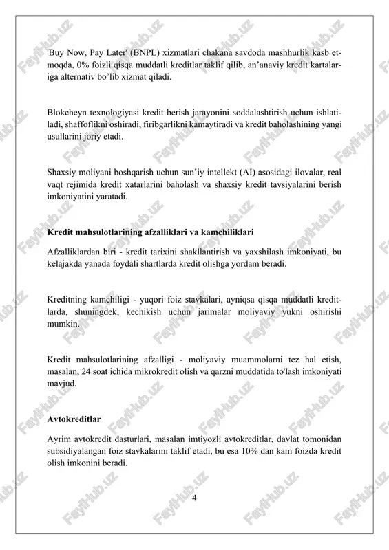 keltirib chiqardi. innovatsion to'lov usullari, masalan, "hozir sotib ol, keyin to'la" (bnpl) sxemalari, chakana savdoda 25% o'sishni ta'minladi, ammo qarzga botib qolish xavfini oshirdi. shaxsiy kreditlar, avtokreditlar va ipotekalar bo'yicha o'rtacha qarz miqdori 10% ga oshdi, bu esa qarz yuki va defolt xavfini monitoring qilish muhimligini ta'kidlaydi. onlayn kredit platformalari onlayn kredit platformalari, masalan, 'kredit 24,' shaxsiy ma'lumotlarni tekshirish va 5 daqiqadan 15 daqiqagacha bo'lgan muddatda 1 million so'mgacha kredit berishi mumkin. ayrim onlayn platformalar, 'tez zaym' kabi, mikroqarzlar bo'yicha yillik foiz stavkalarini 365% gacha belgilashi mumkin, bu an'anaviy banklarga nisbatan ancha yuqori xavfni aks ettiradi. ko'pgina onlayn kredit platformalari sun'iy intellekt algoritmlaridan foydalanib, kredit qobiliyatini baholaydi, bu esa kredit olish jarayonini avtomatlashtirishga va tezlashtirishga imkon beradi. kredit mahsulotlarining evolyutsiyasi bugungi kunda kriptovalyuta kreditlash platformalari paydo bo'lishi an'anaviy kreditlash tizimlariga muqobil variant taklif qiladi, ammo tartibga solish va xavfsizlik masalalari dolzarbligicha qolmoqda. xx asrning o'rtalarida kredit kartalari paydo bo'lishi, banklar …