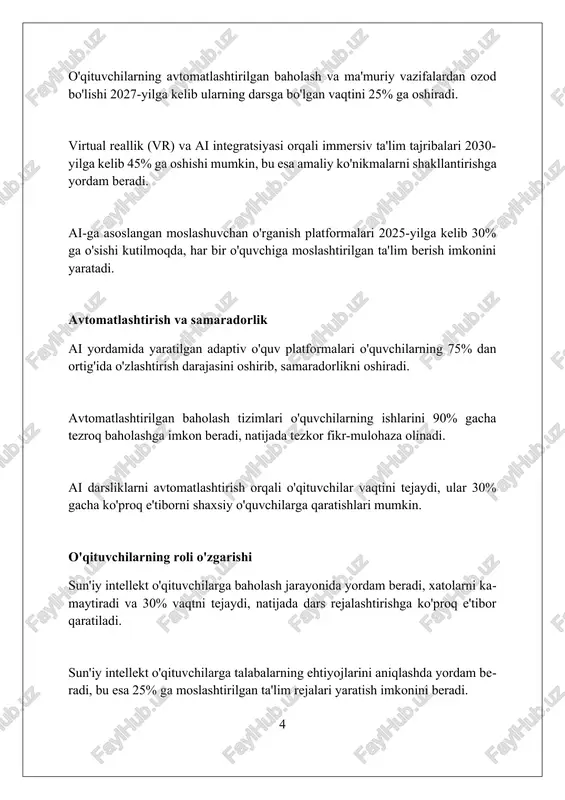 lanishi shart; shaxsiy ma'lumotlar 5 yil ichida ruxsatsiz ishlatilishining oldini olish muhim. ai ta'limda: umumiy ko'rinish si yordamida baholash tizimlari avtomatlashtirilgan bo’lib, o’qituvchilarga vaqtni tejashga imkon beradi; test natijalari 0.1 soniyadan 1 minutgacha bo'lgan vaqt ichida analiz qilinadi. sun’iy intellekt (si) ta’limda adaptiv o’rganish platformalarini taklif etadi, bunda har bir o’quvchi uchun moslashtirilgan, 1 dan 100 gacha bo'lgan qiyinchilik darajasidagi mashqlar yaratiladi. si chatbotlari o’quvchilarga 24/7 yordam beradi, savollarga tezkor javob qaytaradi va o’quv materiallarini tushunishga ko’maklashadi, masalan, 5-sinf matematika masalalari. kirish kirish qismida ai ta'limning 3 asosiy aspektiga, masalan, shaxsiy ta'lim, avtomatlashtirilgan baholash va yangi ta'lim resurslarini yaratishga qanday ta'sir qilishini ko'rsatish kerak. kirish sun'iy intellektning ta'limga ta'sirini o'rganishda muhim, chunki u mavzuning asosiy yo'nalishini va maqsadi aniq belgilab beradi, bu esa tushunishni osonlashtiradi. kirish ta'lim sohasidagi sun'iy intellektning salbiy oqibatlari, jumladan, ish o'rinlarining yo'qolishi va ma'lumotlar maxfiyligi bilan bog'liq muammolar kabi muhim nuqtalarni o'z ichiga olishi zarur. shaxsiy …