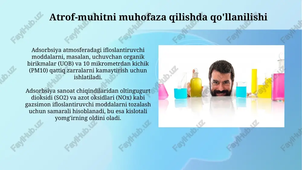 hadi va maksimal qiymatga yaqinlashadi. adsorbsiya tezligiga ta'sir etuvchi omillar adsorbentning sirt maydoni adsorbsiya tezligiga ta'sir qiladi; kattaroq maydon ko'proq molekulalarning bir vaqtning o'zida yopishishiga imkon beradi, bu tezlikni sezilarli darajada oshiradi, ayniqsa 25-30°c da. harorat oshishi odatda adsorbsiya tezligini pasaytiradi, chunki adsorbent va adsorbat molekulalarining kinetik energiyasi ortadi, bu esa bog'lanishlarni buzadi va 10-20% ga kamayishga olib keladi. haroratning ta'siri haroratning oshishi ko'pincha adsorbsiya tezligini kamaytiradi, chunki molekulalar yuqori kinetik energiyaga ega bo'lib, adsorbent yuzasidan osonroq ajralib chiqadi; bu 25-50°c oralig'ida sezilarli bo'lishi mumkin. yuqori haroratda (masalan, 100°c dan yuqori) ko'p hollarda kimyoviy adsorbsiya (xemosorbsiya) tezligi oshadi, chunki u faollashuv energiyasini talab qiladi, arrhenius tenglamasiga ko'ra; misol uchun, katalizda. e'tiboringiz uchun rahmat @taqdimot_robot image3.jpg image4.jpg image5.jpg image6.jpg image7.jpg image8.jpg image9.jpg image10.jpg image11.jpg image12.jpg image13.jpg image14.jpg image15.jpg image16.jpg image17.jpg image18.jpg image19.jpg image1.png
