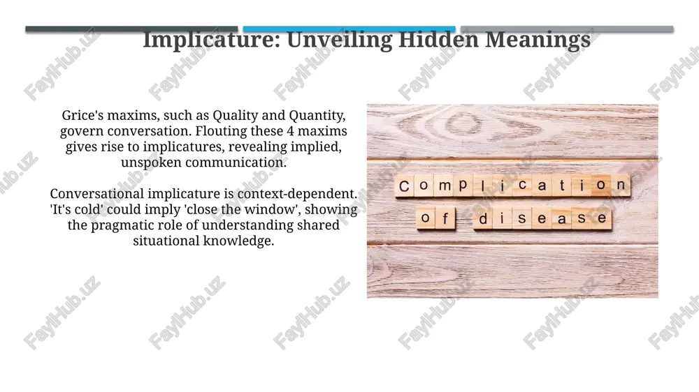 . confirmation bias, a cognitive shortcut, can lead to misinterpretation; individuals may selectively focus on 33% of evidence confirming pre-existing beliefs, skewing comprehension. deixis and contextual dependence spatial deixis uses terms like 'this' or 'that.' the 3rd person perspective and distance are relative to the speaker. interpretation hinges on understanding the immediate shared environment. context dictates deictic interpretation. for instance, 'yesterday' needs a specific reference point, namely the utterance time. this is crucial for accurately interpreting temporal expressions. pragmatics: meaning beyond the literal implicature, a core pragmatic concept, showcases how listeners infer meaning beyond the explicit words used; think 90% implied, and only 10% literally stated information. indexical expressions like 'here' or 'now' illustrate pragmatics, as their meaning relies entirely on the context of utterance, showing 0% inherent, fixed semantic value. conclusion: context as a key to interpretation leveraging context offers insights into the speaker's intentions. for instance, understanding background …