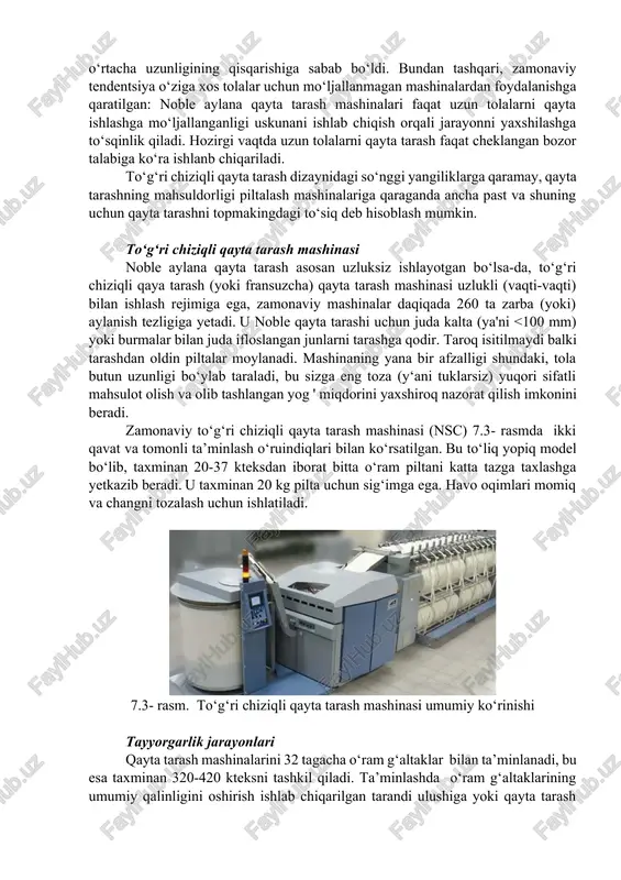 juda ko‘p qirrali bo‘lsa-da, bir jun sifatidan ikkinchisiga o‘tishda ba'zi muhim o‘zgarishlar talab qilinadi. merinos, ingichka zotli, o‘rta zotli va uzun zotli jun uchun kamida to‘rt xil taroqli g‘ildiraklar to‘plami kerak bo‘ladi. boshqa kamchiliklar: 1) har doim taralmagan junning kichik bir qismi qoladi. 2) nobl qayta tarash mashinasi tolalarni uzilishi orqali "o‘z tarandisini hosil qiladi". 3) tez-tez texnik xizmat ko‘rsatish va komponentlarni almashtirish talab qilinadi. bugungi kunda ko‘pchilik jun tolalarini to‘g‘ri chiziqli qayta tarash mashinasi yordamida taraydi va noble aylana qayta tarashning mashinasining ahamiyati sezilarli darajada kamaydi. bu to‘g‘ri chiziqli qayta tarash mashinasi ishlab chiqarish samaradorligining oshishi bilan bog‘liq. junni tarash tendentsiyasi (1) yog‘li qayta tarashdan farqli o‘laroq, quruq qayta tarashning tobora keng qo‘llanilishiga va (2) odatda hozirda qayta tarashda ishlanadigan jun tolalarining o‘rtacha uzunligining qisqarishiga sabab bo‘ldi. bundan tashqari, zamonaviy tendentsiya o‘ziga xos tolalar uchun mo‘ljallanmagan mashinalardan foydalanishga qaratilgan: noble aylana qayta tarash mashinalari faqat uzun tolalarni qayta ishlashga …
