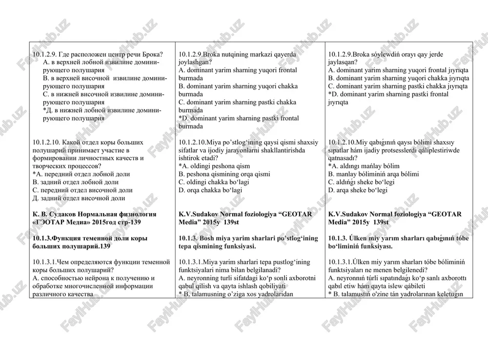 80% d. 90% 10.1.5.3.assotsiativnie funktsii kakoy oblasti kori bolshogo mozga igrayut glavnuyu rol v virabotke strategii povedeniya? a. zatilochnoy oblasti *v. lobnoy̆ oblasti s. visochnoy oblasti d. temenno- zatilochnoy oblasti 10.1.5.4.gde raspolojen sluxovoy tsentr rechi (tsentr vernike)? a. v kore perednego otdela verxneĭ visochnoĭ izvi​lini levogo polushariya *b. v kore zadnego otdela verxneĭ visochnoĭ izvi​lini levogo polushariya v. v kore zadnego otdela nijney visochnoĭ izvi​lini levogo polushariya g. v kore perednego otdela nijney visochnoy̆ izvi​lini levogo polushariya 10.1.5.5.k chemu privodit porajenie tsentra vernike? *a. narusheniyu ponimaniya ustnoy̆ rechi b. narusheniyu ponimaniya pismennoy rechi v. narusheniyu ponimaniya ustnoy̆ i pismennoy rechi g. narusheniyu ponimaniya rechi 10.1.5.6.gde proisxodit vovlechenie korkovix neĭronov v tsentralnie mexanizmi? *a. na neĭroximicheskix putyax b. na neĭroximicheskix yadrax g. na ximicheskix putyax g. na neĭrobiologicheskix putyax k. v. sudakov normalnaya fiziologiya «geotar media» 2015god str-142 10.1.6.integrativnaya deyatelnost kori bolshix polushariy. 10.1.6.1.integrativnaya deyatelnost neĭrona - eto: *a. sposobnost neĭ​rona …