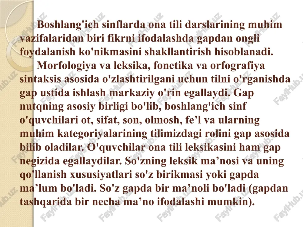 iyiko‘t va boshqa o‘simliklar o‘sadi bu o‘simliklarni dorivor o‘simliklar deyishadi dorivor o‘simliklar inson hayotida katta ahamiyatga ega ular yig‘ilib, dori-darmon tayyorlash korxonasiga topshiriladi. “gap” bo‘limiga oid qoidalar va mashqlar tizimi: gap tugallangan fikrni bildiradi. yozuvda har bir gapning birinchi so‘zi bosh harf bilan boshlanadi, oxiriga tinish belgi qo‘yiladi. har bir gapni fikr tugashiga qarab, ovoz bilan ajratib o‘qing. erksevar xalqlar so‘zi dunyodagi erksevar xalqlar bir so‘zni sevinib aytadilar. bu tinchlik so‘zidir! bu so‘z turli tillarda turlicha yangraydi. odamlar bu soz‘ni barala aytadilar. xalqlar tinch, baxtiyor yashashni istaydilar! matnni o‘qing, har bir gapning boshlanishi va oxirini ovoz bilan ajratib o‘qing. biz do‘stlikni ulug‘laymiz do‘stlikda katta hikmat bor do‘stlik kishilarni bir-biriga yaqinlashtiradi vatan obodligi, tinchlikning barqarorligi do‘stlik bilan bog‘liqdir biror narsa-voqea haqida xabarni bildirgan gap darak gap deyiladi. darak gap oxirida ovoz pasayadi. darak gapning oxiriga nuqta (.) qo‘yiladi. bir-biringizdan biror narsa haqida so‘rang. bunda siz qanday gaplardan foydalandingiz? savollarga javob bering. …