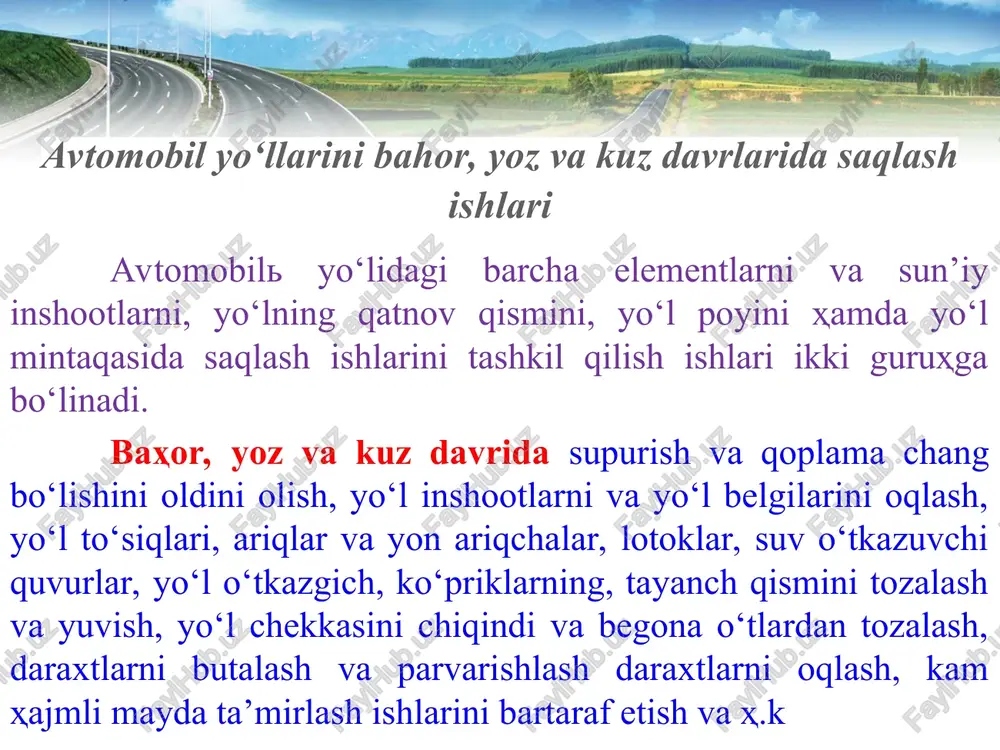 yo‘lda hosil bo‘lgan o‘yiq va yoriqlarni to‘ldirish; shag‘alli, tuproqli va traktor yo‘llarini tekislash va shibbalash. o‘tuvchi va past turdagi qoplamali yo‘llarni saqlash. qoplamaning ravonligini yaxshilash va yo‘l to‘shamasi ustki yuzasi bo‘yicha mineral materialni bir tekis taqsimlash maqsadida qoplamani qiyalab tekislash amalga oshiriladi, ba’zi chuqurlar, g‘ildirak izlari bartaraf qilinadi. yozgi davrlarda yomg‘irdan keyin zarurat bo‘lganda pardozlash ishlari bajariladi. kuzda pardozlash shunaqangi hisob bilan qilinadiki, bunda qoplama qishgi ekspluatatsiyada tekis, g‘ildirak izi va ko‘ndalang to‘lqinlarsiz bo‘lishi ta’minlansin. yilning quruq va issiq davrlarida normal harakat sharoitini ta’minlash uchun qatnov qismining changlanadigan qoplamasida va mustaxkamlanmagan yo‘l yoqasida, ayniqsa aholi yashash joylari va avtobus bekatlari chegarasida changsizlantirish bo‘yicha ishlar bajariladi. * yo‘l jixozlarini, yo‘l xizmati bino va inshootlarini saqlash yo‘l to‘siqlarini saqlash bo‘yicha ishlar tarkibiga yo‘l to‘siqlarini va yo‘naltiruvchi ustunchalarini doimiy ko‘rikdan o‘tkazish, nosoz elementlarini mayda ta’mirlash va almashtirish, chang va loygarchilikdan tozalash, zarur bo‘lganda bo‘yash kabilar kiradi. yo‘l belgilarini saqlashga ustunlarni shitlarni chang va …