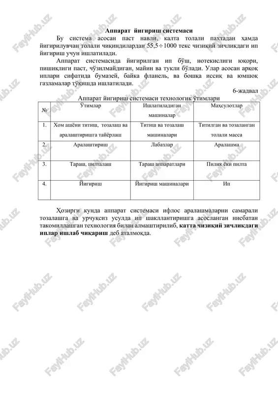 pryadeniya» ivanov o. 2014 yigirilgan ip ishlab chi ? arish yigirish korxonalarining ma ? suloti ip ? isoblanadi. iplar ? ar xil bo'ladi: yakka ip, pishitilgan ip, bo'yalgan ip, melanj ip, shakldor ip, chirmovu ? li ip , tanda ip, ar ? o ? ip. ular ishlatilishiga ? arab ? am far ? lanadi: tikuv, texnik va poyabzal iplari ? amda trikotaj tayyorlash uchun. yigirilgan ip ma'lum talablarga javob berishi kerak, ya'ni ani ? chizi ? iy zichlikda, pishi ? , toza va ravon bo'lishi kerak. yu ? orida keltir ilgan iplarni paxta tolasidan ishlab chi ? arish uchun 3 xil yigirish sistemalari ishlatiladi: 1.karda. 2. ? ayta tarash. 3. apparat. ipning ishlatilishiga ? arab tanlangan xom - ashyo, uskunalar va texnologik jarayonlar majmuasiga yigirish sitemasi deb aytiladi. /docprops/thumbnail.emf 8 - ma'ruza mavzu: yigirish sistemalari reja: 1. karda yigirish sistemasida paxta xom ashyosini ? ayta ishlash ketma - ketligi. 2. …
