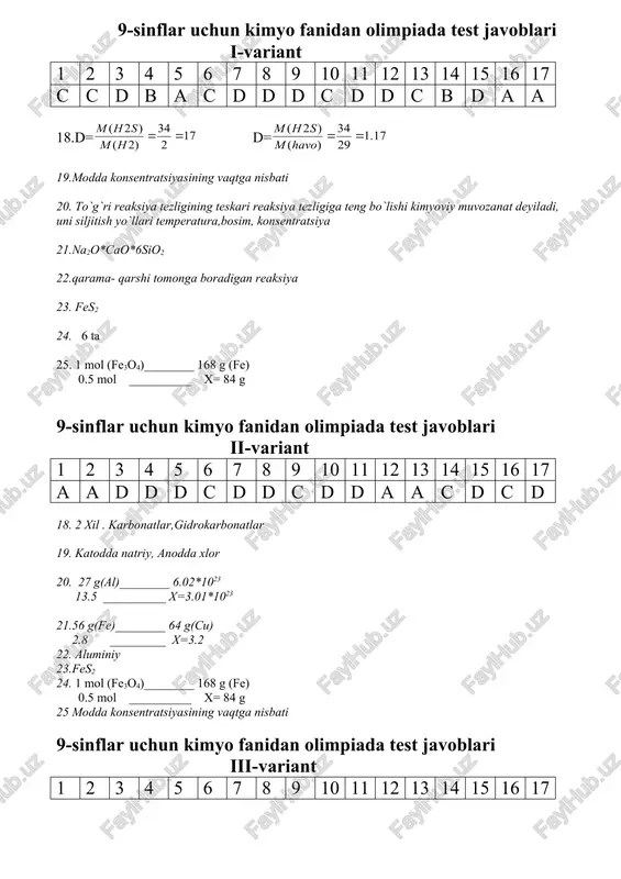 aniqlang. koh(suyuq)+cl2 – a) kcl, h2o b) kclo, h2o c)kcl, kclo, h2o d) kclo3, h2o 4. quyidagi kislotalarning qaysi biri kuchli kislotalik xossasiga ega? a) h4sio4; b) h3po4; c) hclo4 d) hclo2 5. ishqoriy metallar havoda qizdirilganda qanday birikmalar hosil qiladi? a) ishqoriy metallarning oksidlari b) ishqoriy metallarning gidroksidlari c) ishqoriy metallarning peroksidlari d) litiy metall oksid, qolganlari esa peroksidlar hosil qiladi. 6. ammiak labaratoriya sharoitida qanday olinadi? a) ammoniy tuzlariga ishqor ta’sir ettirilib b) odatdagi sharoitga suv ta’sit ettirib c) past temperaturali isiqlik ta’sir ettirib d) ammoniy tuzlariga kislota ta’sir ettirib 7. oltingugurt nechta allotropik shaklga ega? a) 4 b) 2 c) 3 d) 5 8. xlorid ionini eritmada mavjudligini aniqlovchi modda; a) mgso4 b) cuso4 c) znso4 d) agcl 9. uglerod qizdirilganda kislorod,oltingugurt, azot, metallar, metal oksidlariqatori yana qaysi galogen bilan ta’sirlashadi? a)iod b) xlor c) ftor d) brom 10. formulalari quyidagicha bo’lgan oksidlarning qaysi birlarida kislorodning massa …