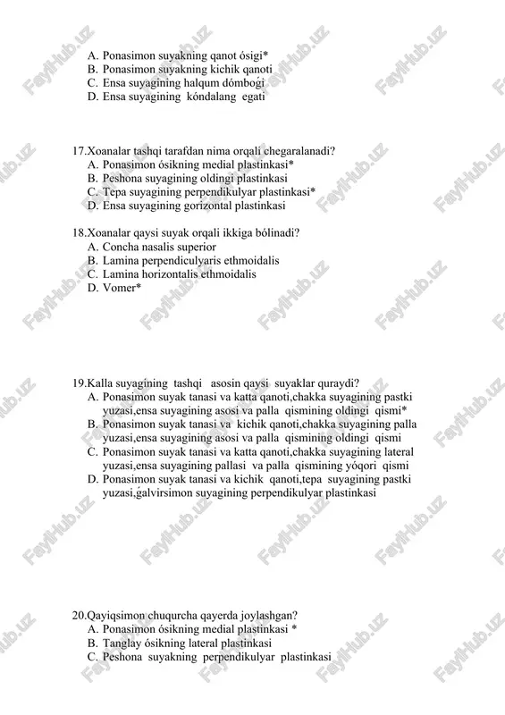 asis cranii externa b. basis cranii interna* c. basis cranii mediana d. basis cranii intermediana 34.kalla suyagining ichki asosi qanday chuqurchalarga bólinadi? a. oldingi va orqa b. yóqori va pastki c. órta va oraliq d. oldingi,órta, orqa* 35.peshona suyagining kóz kosasi qaysi chuqurchani hosil qiladi? a. oldingi* b. órta c. oraliq d. yóqori 36.oldingi va órta bosh skeleti chuqurchalarning chegarasin kórsating? a. tepa suyagining oldingi qiri va kórish nervi kanali b. peshona suyagining oldingi qiri va ponasimon suyak tanasi c. ponasimon suyakning katta va kichik qanoti d. kichik qanotning orqa qiri va ponasimon suyak turk dómboǵi* 37.bosh skeleti oldingi chuqurchaning markaziy qismida qaysi suyak joylashgan? a. peshona suyagining kichik qanoti b. ǵalvirsimon suyak ǵalvirsimon plastinkasi* c. ponasimon suyak katta qanoti d. tepa suyegining perpendikulyar plastinkasi 38. oldingi chuqurchaning yuzasida qanday anatomik hosila joylashgan? a. crista ethmoidalis b. crista sphenoidalis c. turcica sellae d. crista galli* 39. oldingi chuqurchaning lateral yuzasida …