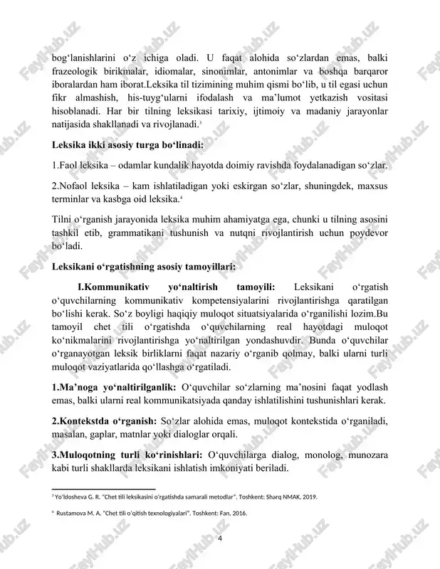yalarini rivojlantirishga qaratilgan bo‘lishi kerak. so‘z boyligi haqiqiy muloqot situatsiyalarida o‘rganilishi lozim.bu tamoyil chet tili o‘rgatishda o‘quvchilarning real hayotdagi muloqot ko‘nikmalarini rivojlantirishga yo‘naltirilgan yondashuvdir. bunda o‘quvchilar o‘rganayotgan leksik birliklarni faqat nazariy o‘rganib qolmay, balki ularni turli muloqot vaziyatlarida qo‘llashga o‘rgatiladi. 1.ma’noga yo‘naltirilganlik: o‘quvchilar so‘zlarning ma’nosini faqat yodlash emas, balki ularni real kommunikatsiyada qanday ishlatilishini tushunishlari kerak. 2.kontekstda o‘rganish: so‘zlar alohida emas, muloqot kontekstida o‘rganiladi, masalan, gaplar, matnlar yoki dialoglar orqali. 3.muloqotning turli ko‘rinishlari: o‘quvchilarga dialog, monolog, munozara kabi turli shakllarda leksikani ishlatish imkoniyati beriladi. 4.tilning amaliy qo‘llanilishi: leksika o‘quvchilarni kundalik hayotdagi ehtiyojlarini qondiradigan real hayotiy vaziyatlarda ishlatishga qaratiladi. o‘quvchilarga kundalik vaziyatlarni taqlid qiluvchi topshiriqlar beriladi (masalan, xarid qilish, yo‘l so‘rash, suhbat qurish). rol o‘ynash mashqlari orqali turli vaziyatlarda leksikani ishlatishga o‘rgatiladi. tinglash va o‘qish materiallari orqali real muloqot namunalaridan foydalaniladi. o‘quvchilarning og‘zaki va yozma nutq ko‘nikmalari rivojlanadi. leksikani o‘rganish qiziqarli va samarali bo‘ladi. o‘quvchilar o‘rganayotgan tilni amalda qo‘llashni o‘rganadilar, bu …
