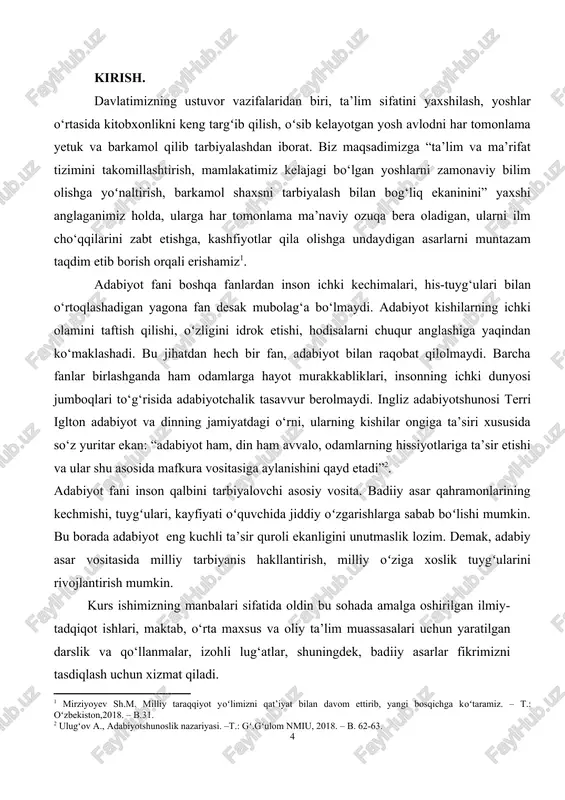 uchun xizmat qiladi. milliy istiqlol tufayli o‘zbek xalqi o‘z taqdirini, jumladan, o‘z tili holati va mavqeyini, mafkurasini, shu jumladan, adabiy-badiiy estetik tamoyillarini o‘zi belgilash imkoniyatiga ega bo‘ldi. ayni holat bugungi kunda yaratilayotgan badiiy asarlarning o‘rnini ham oshirmoqda. chunki asarlarni bu taxlit baholashni o‘rgangan yosh avlod har bir masalani atroflicha, xolisona, eng muhimi erkin fikrlagan holda olib borishga o‘zida ko‘nikma hosil qiladi. qolaversa, qaramlik davrining erkin fikrlashni siqib qo‘yuvchi muhitiga o‘rgangan kishilar ongini ko‘p qirrali o‘ylay olish salohiyati bilan o‘stiradi. bu borada tadqiqot yo‘nalishigina emas, balki erkin vohidov ijodida ham yoritilgan. shuningdek, mazkur kurs ishi asardagi obrazlarning maktab darsliklarida yoritilishi nuqtayi nazaridan qaralgani bilan ham ahamiyatlidir. i bob. erkin vohidov she’riyatida shakl va mazmun mutanosibligi 1.1. shoir lirikasining mavzu yo‘nalishi o‘zbekiston xalq shoiri mirtemir xx asr o‘zbek she‘riyatini tom ma’nodagi lirik she’rlar va badiiy yuksak dostonlar bilan boyitdi. uning asarlarida xalq hayotining nafasi ufurib turadi, inson qalbi eng teran uchmoqlarigacha aniq …