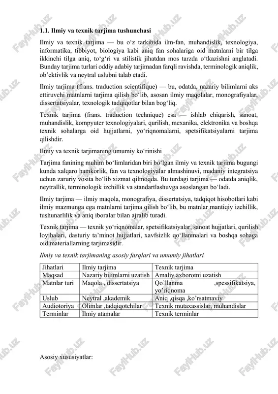 larning tarjimasidir. ilmiy va texnik tarjimaning asosiy farqlari va umumiy jihatlari jihatlari ilmiy tarjima texnik tarjima maqsad nazariy bilimlarni uzatish amaliy axborotni uzatish matnlar turi maqola , dissertatsiya qo’llanma ,spessifikatsiya, yo’riqnoma uslub neytral ,akademik aniq ,qisqa ,ko’rsatmaviy audiotoriya olimlar ,tadqiqotchilar texnik mutaxassislar, muhandislar terminlar ilmiy atamalar texnik terminlar asosiy xususiyatlar: • aniqlik va izchillik: har bir atama o‘ziga xos aniq ma’noga ega bo‘lishi kerak. • terminlarning standartlashuvi: biror atama butun matn davomida bir xil tarzda tarjima qilinadi. • kontekstga moslik: texnik matnlar ko‘pincha o‘z sohasining kontekstida tushuniladi. shu bois, tarjima qiluvchidan sohaga oid bilim talab etiladi. fransuz tilida ilmiy va texnik tarjima ayniqsa dolzarb bo‘lib, yunesko, yevropa ittifoqi, cnrs (centre national de la recherche scientifique) kabi xalqaro tashkilotlarda fransuz tili rasmiy til sifatida keng qo‘llaniladi. shu sababli, ushbu tildagi texnik atamalarni to‘g‘ri va aniq tarjima qilish — madaniyatlararo kommunikatsiyada muhim rol o‘ynaydi. misol : fransuz tilida o’zbek tilida termin izohi …