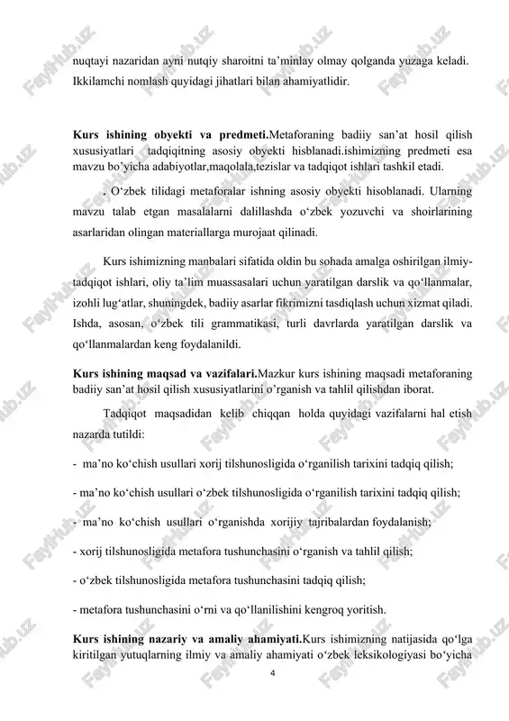 o‘chish usullari o‘zbek tilshunosligida o‘rganilish tarixini tadqiq qilish; - ma’no ko‘chish usullari o‘rganishda xorijiy tajribalardan foydalanish; - xorij tilshunosligida metafora tushunchasini o‘rganish va tahlil qilish; - o‘zbek tilshunosligida metafora tushunchasini tadqiq qilish; - metafora tushunchasini o‘rni va qo‘llanilishini kengroq yoritish. kurs ishining nazariy va amaliy ahamiyati.kurs ishimizning natijasida qoʻlga kiritilgan yutuqlarning ilmiy va amaliy ahamiyati oʻzbek leksikologiyasi boʻyicha nazariy manba yaratishda, darslik hamda qoʻllanmalarni takomillashtirishda, maxsus kurslar uchun qoʻshimcha materiallar berishda, oʻzbek tilining zamonaviy akademik va oʻquv lugʻatlarini takomillashtirishda foydalanilishi bilan izohlanadi. i bob. badiiy matnda metaforaning ahamiyati 11.metaforaning lisoniy tahlili masalasi o'zbek leksikologiyasi va uslubshunosligida ancha mukammal ishlanishi lozim bo'lgan masalalardan biri metaforadir. predmetlar orasidagi umumiy o'xshashlikka asoslangan holda ma'no ko'chirish metafora bo'lib, bunda asosiy (bosh) belgi narsa va hodisalar orasidagi qaysi bir tomon bilan o'xshashlikdir. metafora ancha murakkab ma'no ko'chish hodisas hisoblanb, ayni zamonda ham tilshunoslar, ham adabiyotshunoslar diqqatini o'ziga jalb etib keladi. bu ma'no ko'chishga tilshunoslar ko'p …