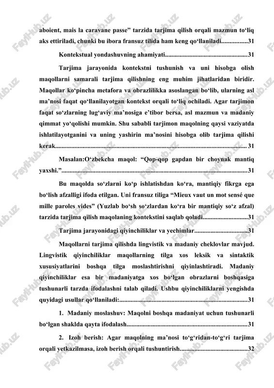 n o‘xshash ma’no ifodalanadi. bu misolda tasviriy qiyoslash orqali tarjima qilingan. o‘zbekcha: yo‘l bilgan ulug‘, yo‘l bilmagan – qul. fransuzcha: celui qui connaît le chemin est un maître, celui qui l’ignore est un serviteur. izoh: o‘zbek tilidagi maqol bilim va tajriba kuchi haqida. fransuzcha maqolda esa “biladigan odam boshqaradi, bilmaydigan esa xizmat qiladi” degan mazmun aks etadi. ikkala tilning ham mazmuni bir xil bo‘lishi uchun, tarjimaga kichik madaniy moslashuv kiritilgan. kurs ishining tuzilishi kirish, ikki bob, xulosa, bibliografik roʻyxat va ilovadan iborat. kirish tanlangan mavzuni o‘rganishning dolzarbligini ochib beradi, maqsad va vazifalarni asoslaydi, o‘rganilayotgan mavzuning predmeti va obyektini belgilaydi. birinchi bob nazariy masalalarga bag‘ishlangan: o’zbek maqollarini tarjima qilish ,badiiyligini oshirish ,asliyatga yaqin tarjima qilish va tahlil qilish va so’z birikmalaridan foydalanish ,leksik-semantik tahlil qilish, ikkinchi bobda o’zbek maqollarida madaniy xususiyatlarini tahlil qilish , lingvistik ekvivalentlik va madaniy moslashuv tamoyillarini o’rganish xulosa qilib, bajarilgan ishlarning natijalari umumlashtiriladi. i bob. maqollar tarjimasining …