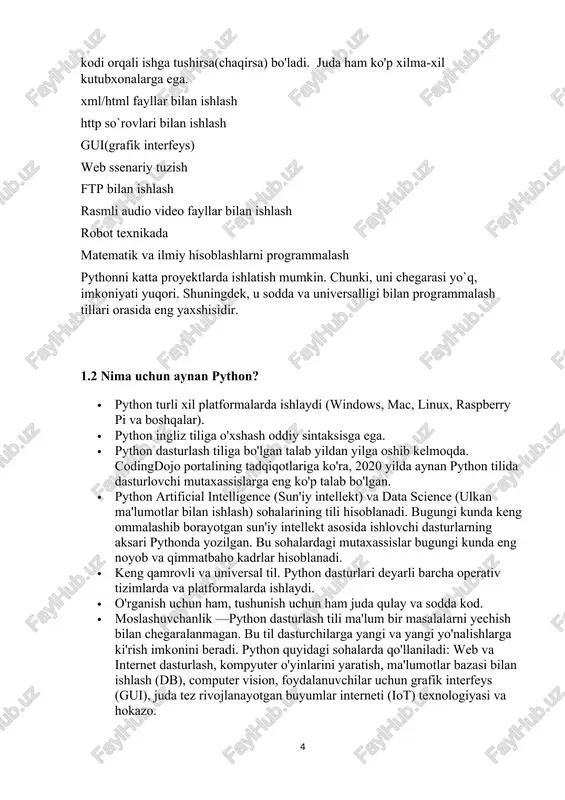 talab. 2020-2021-yillarda aynan python tilida dasturlovchi mutaxassislarga eng ko‘p talab bo‘lgan. 1.3. python dasturlash tiliniwindows operatsion tizimiga o‘rnatish. python dasturlash tilini o‘rnatish uchun google chrome brawseri orqali https://www.python.org/ saytiga kiramiz va dasturni yuklab olamiz. (1.1-rasm) (1.1- rasm) python dasturini yuklab olgandan so`ng. kompyuterimizga o‘rnatamiz.(1.2-rasm) (1.2-rasm) visual studio for code dasturi haqida (1.3-rasm) vscode dasturi bu microsoft corporation tomonidan ishlab chiqarilgan turli hil tillar uchun ide vazifasini o'tovchi kod muharriri bo'lib. windows, macos hamda linux uchun versiyalari mavjud. ushbu kod muharriri asosan js, type-script, node.js uchun keng qo'llaniladi. qolaversa boshqa tillar uchun ham keng qo'llaniladi.(c++,c#,php,python,java,go va boshqalar). dasturning tez ommalashishiga sabab real time dasturlar uchun ham moslashtirilgaan (.net va unity). ko'pchilik dasturchilar ayniqsa web dasturchilab ushbu dasturdan keng foydalanadi. dasturning bosh sahifasi -- https://code.visualstudio.com/ dastur o'zining dokumentatsiyasida quyidagi videolarni ko'rishni tavsiya qiladi - https://code.visualstudio.com/docs/getstarted/introvideos foydalanilgan adabiyotlar 1. 1.pythonda dasturlash asoslari. anvar nazrullayev. toshkent.akademiknashr2021. 2. 2.o‘zbek tili sinonimlarining izohli lug‘ati. azim hojiyev. …